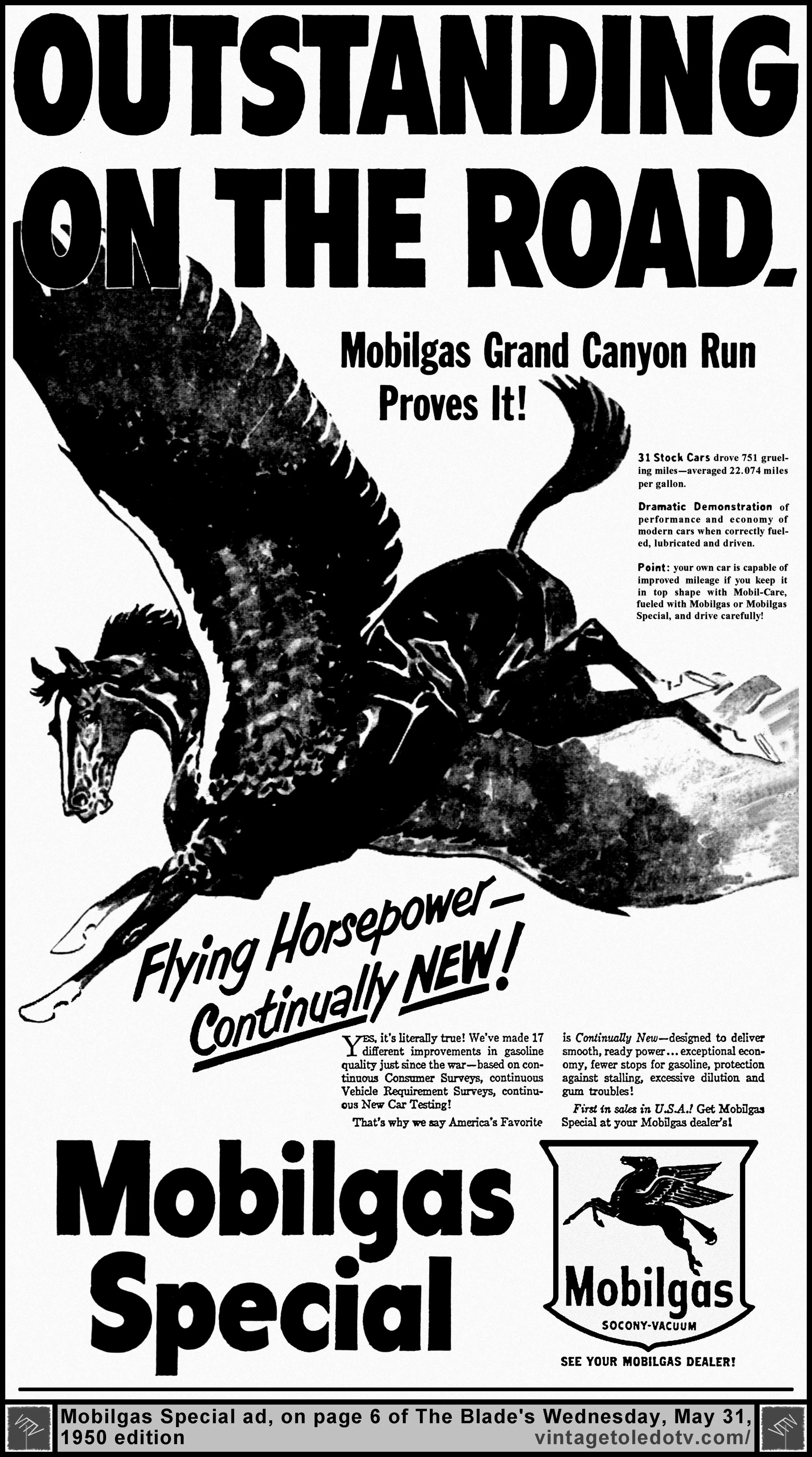 Outstanding on the Road...Mobilgas Special (Wednesday, 5/31/50 ad, in The Blade)