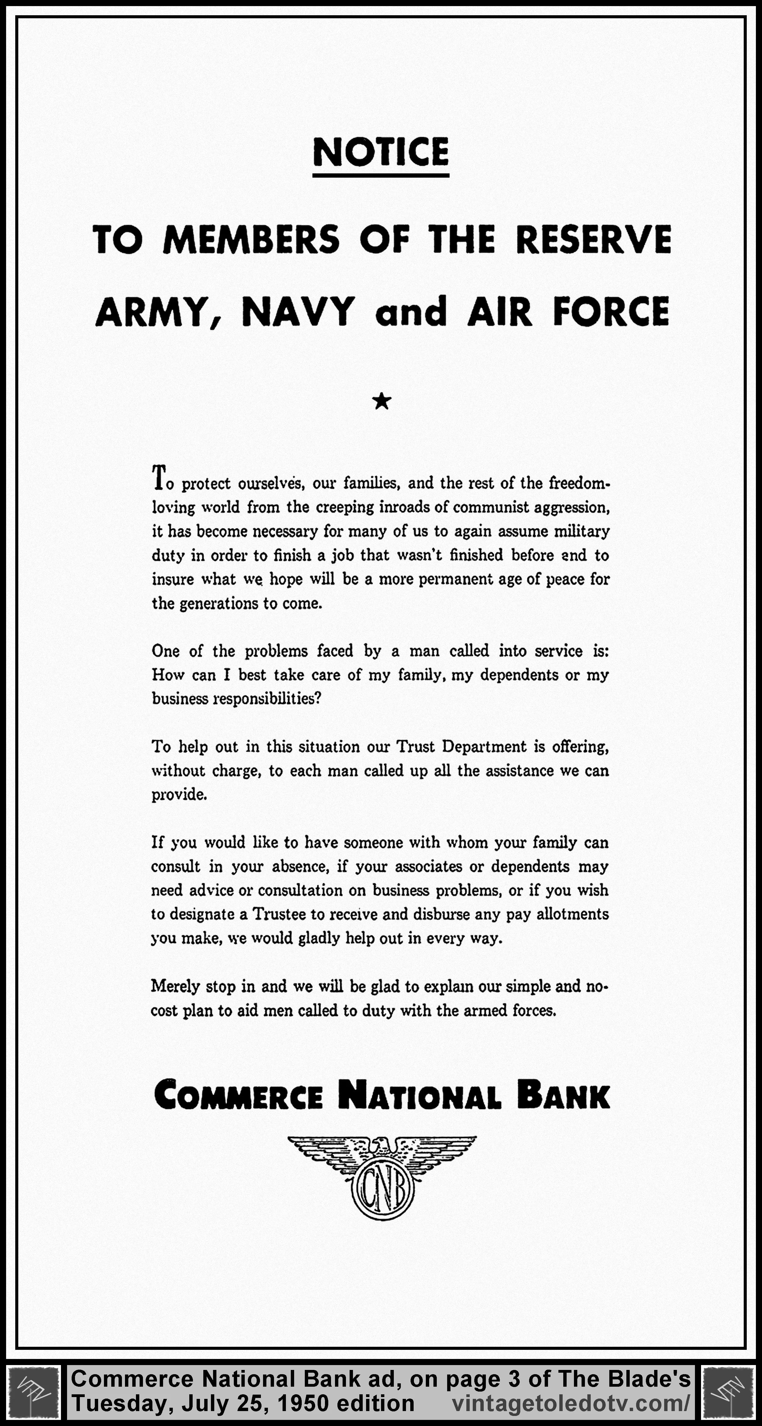 Commerce National Bank (Tuesday, 7/25/50 ad, in The Blade Peach Section)
