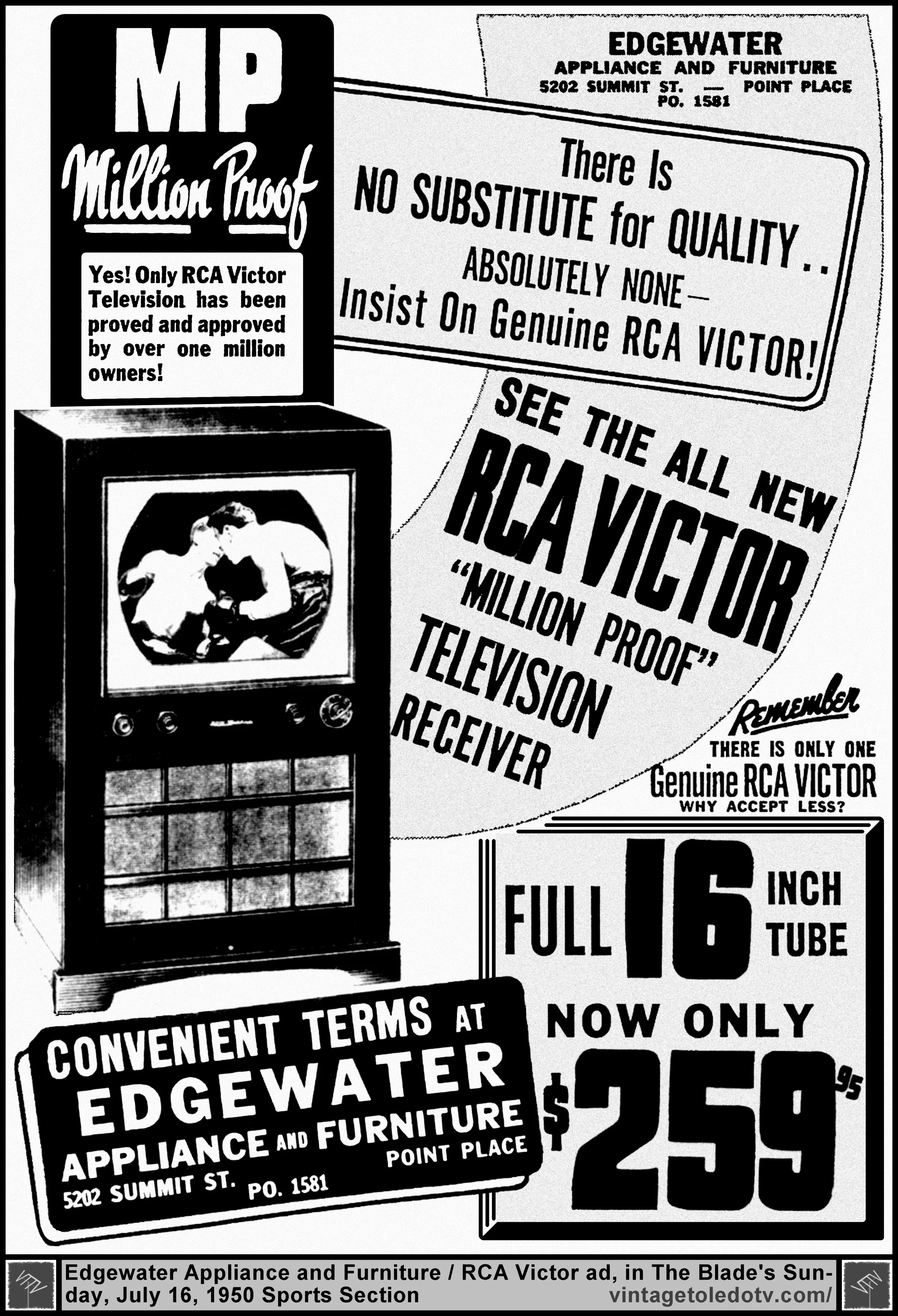 RCA Victor "Million Proof" Televisions at Edgewater Appliance and Furniture (Sunday, 7/16/50 ad, in The Blade)