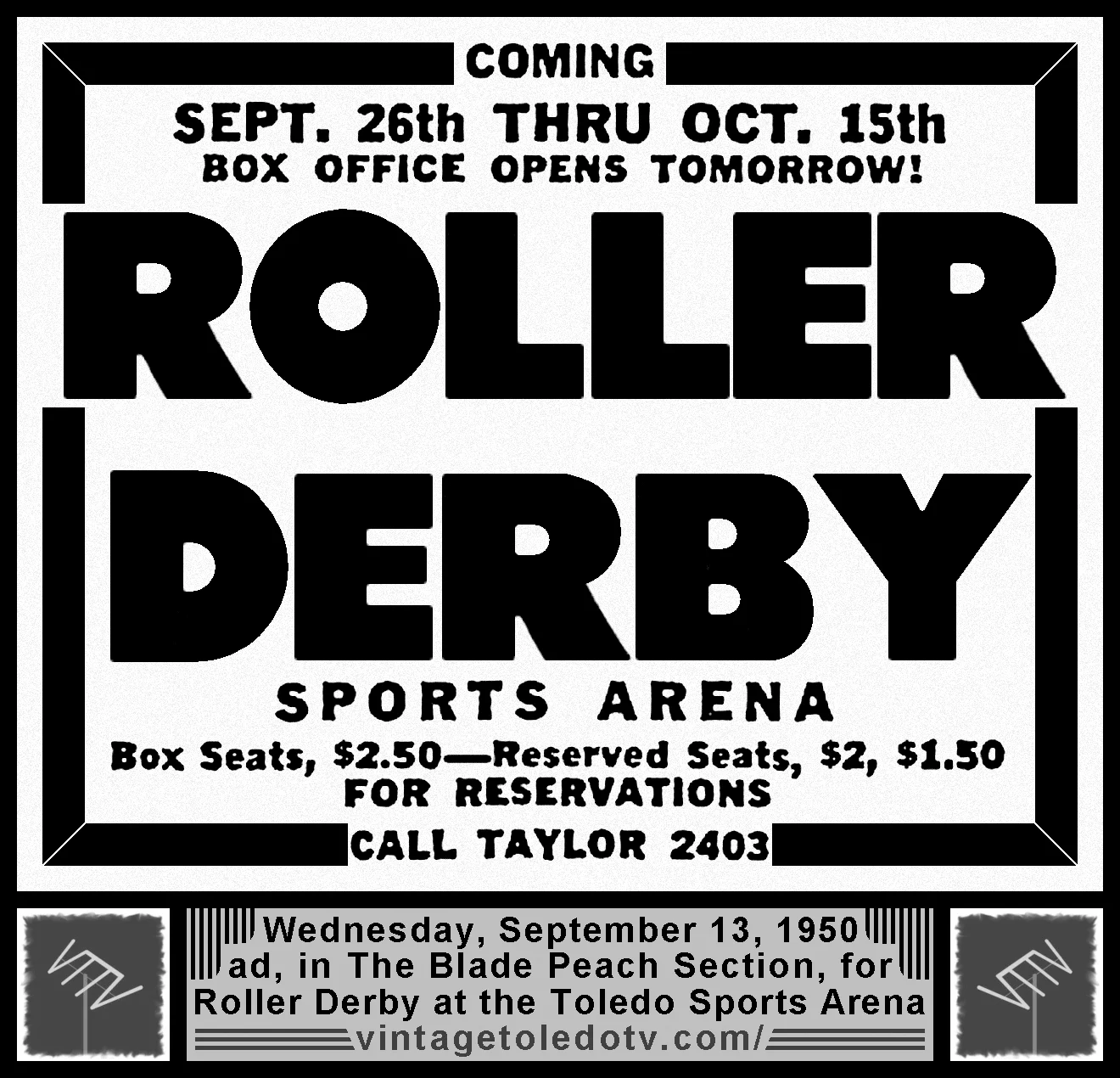 Roller Derby at Toledo Sports Arena (Wednesday, 9/13/50 ad, in The Blade Peach Section)