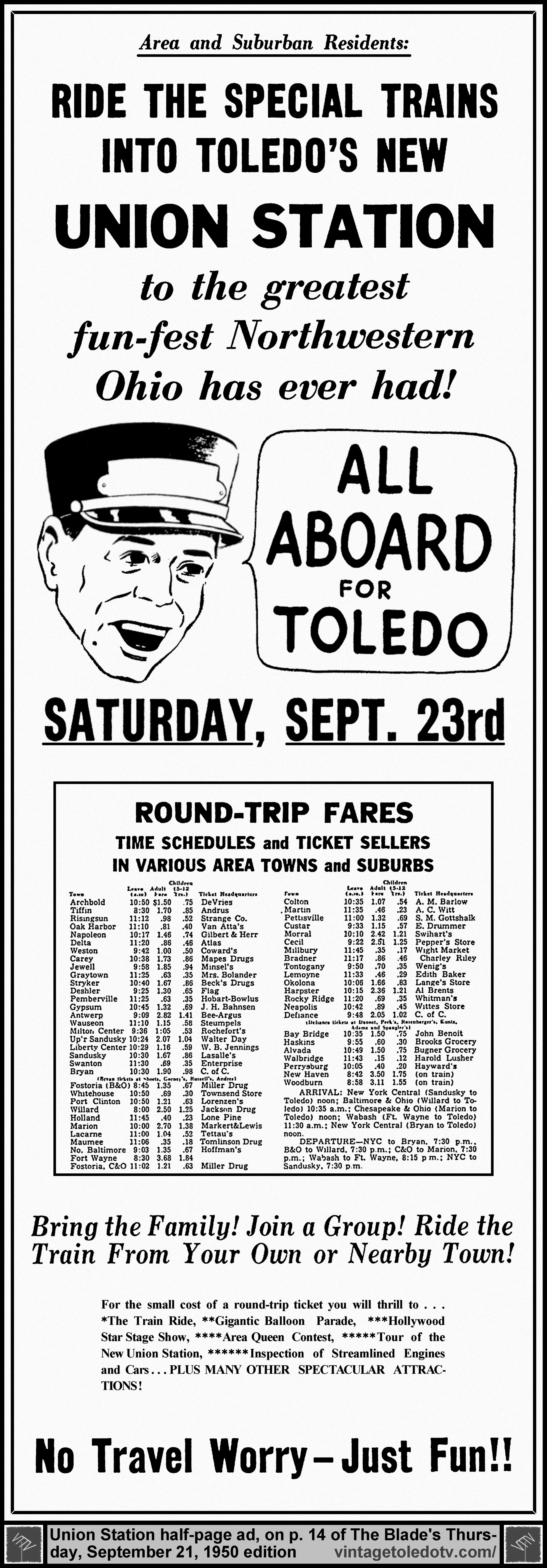 Ride the Special Trains in Toledo's new Union Station (Thursday, 9/21/50 ad, in The Blade)