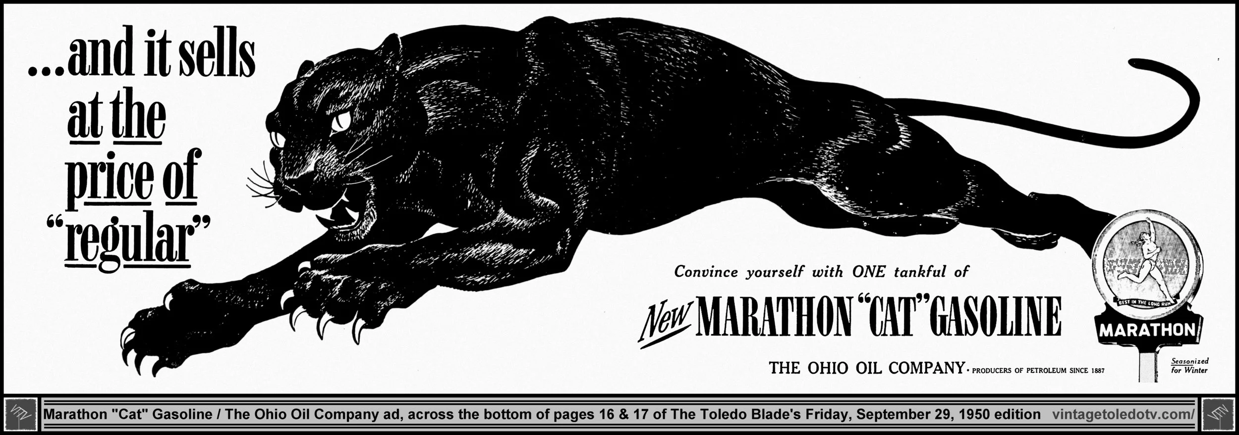 New Marathon "Cat" Gasoline (Friday, 9/29/50 ad, across bottom of 2 pages of The Blade)