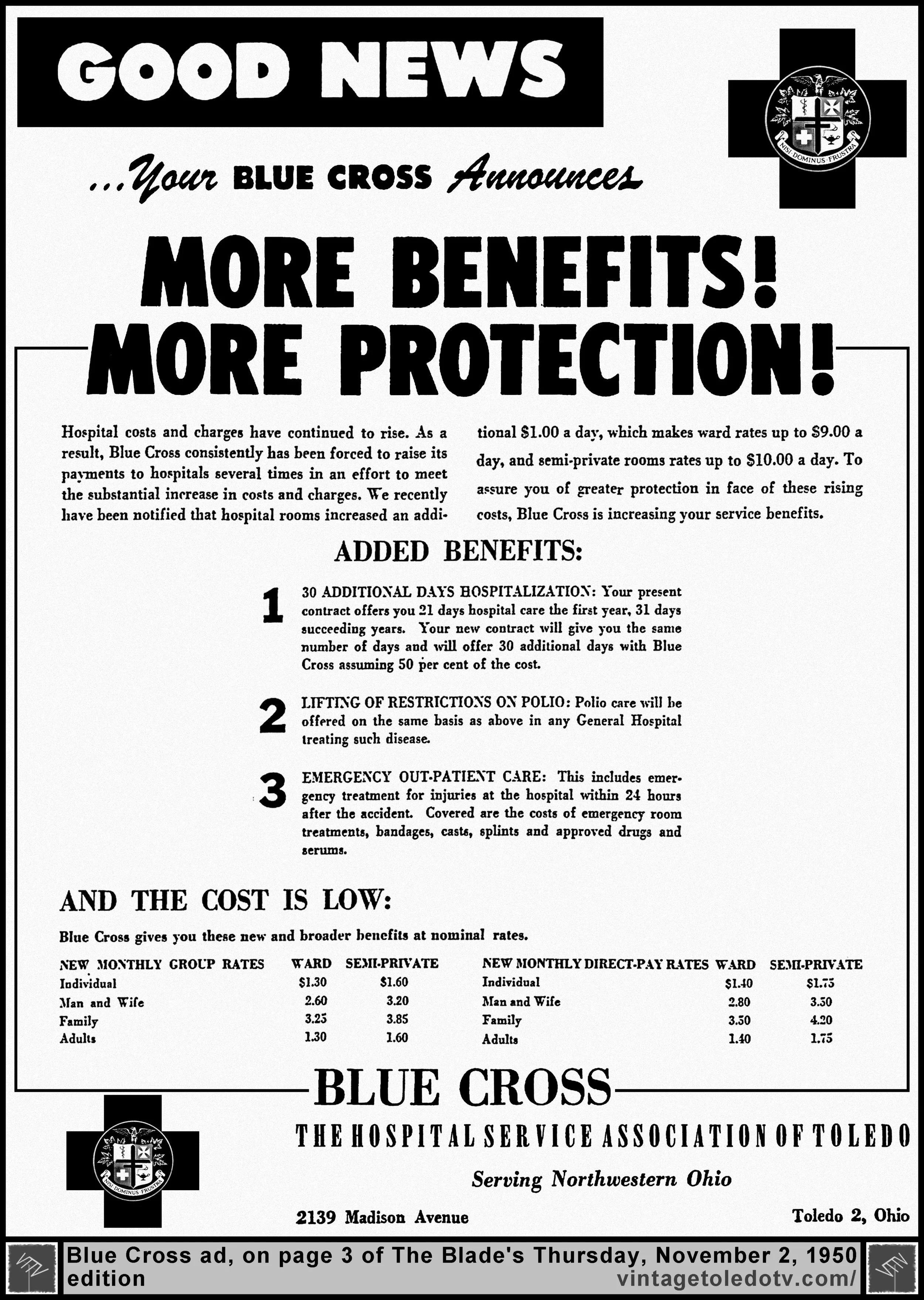More Benefits! More Protection!...Blue Cross (Thursday, 11/2/50 ad, in The Blade)