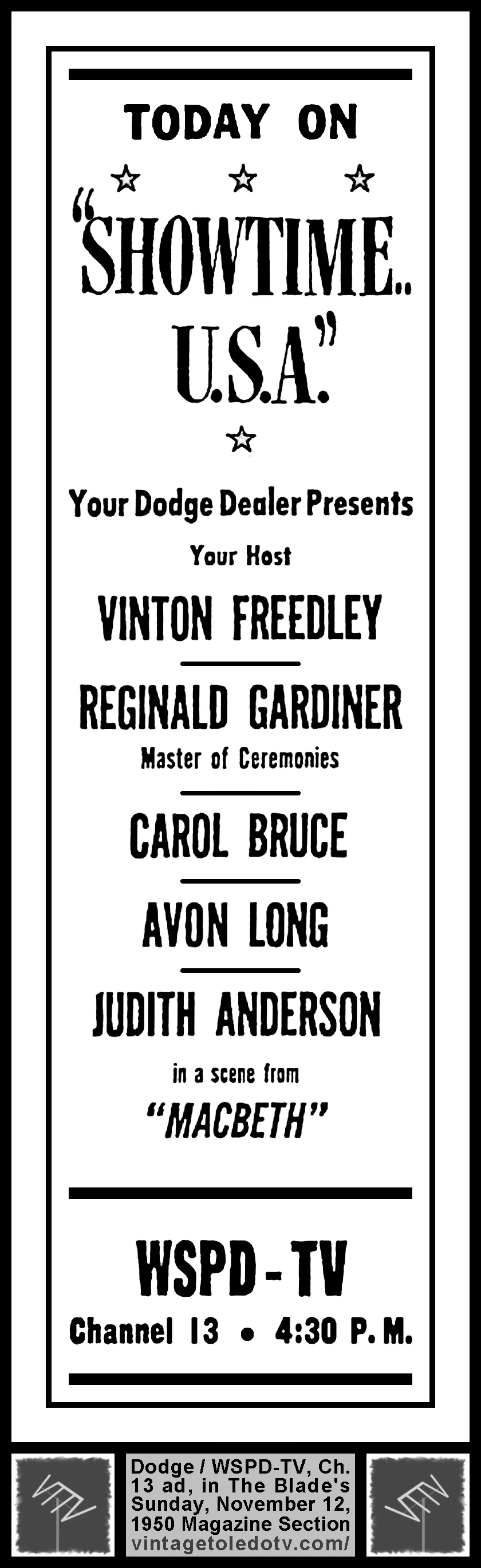 Showtime U.S.A., "Macbeth" on WSPD-TV, Channel 13 (Sunday, 11/12/50 ad, in The Blade Magazine Section)