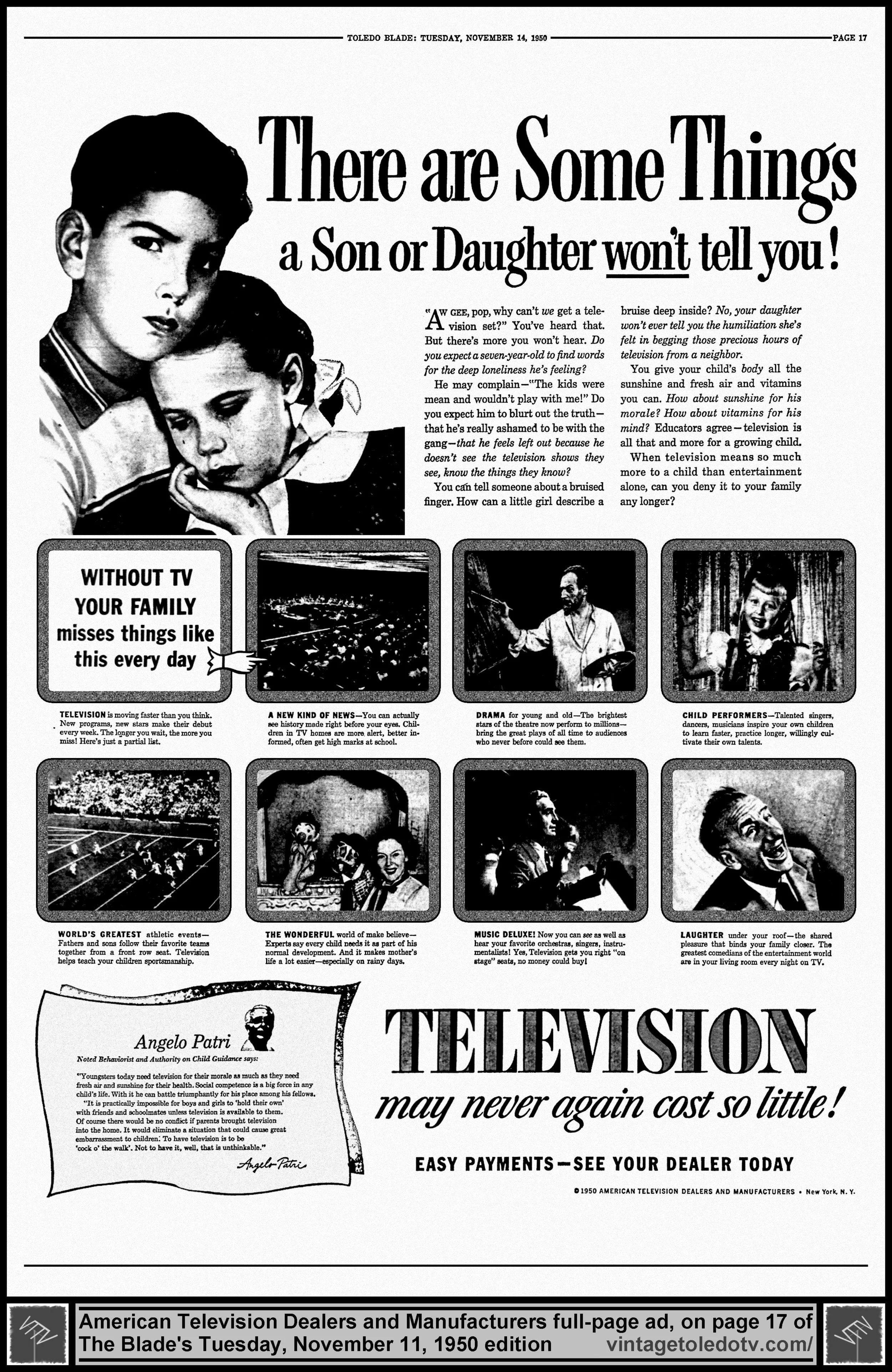 Television Dealers and Manufacturers full-page ad, in The Blade's Tuesday, 11/11/50 edition