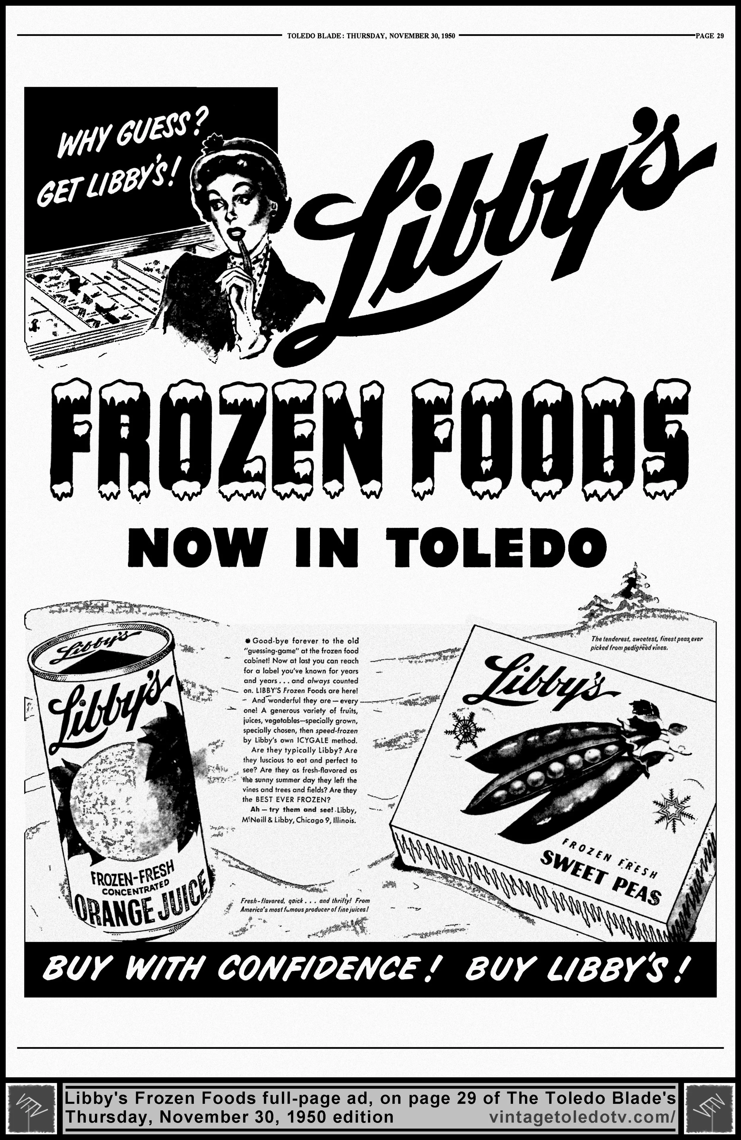 Libby's Frozen Foods, Now in Toledo (Thursday, 11/20/50 full-page ad, in The Blade)