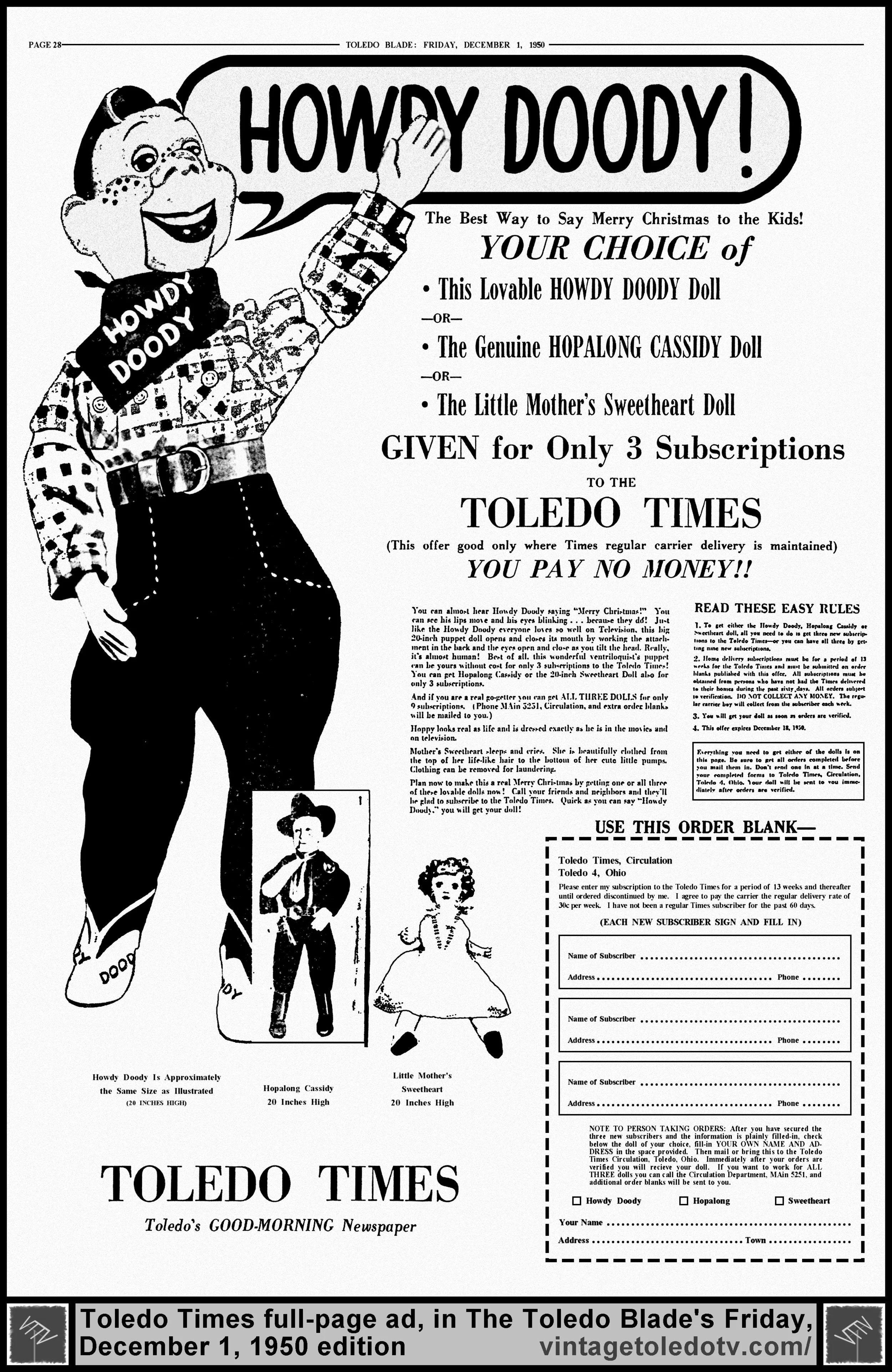 ...Subscriptions to The Toledo Times (Friday, 12/1/50 full-page ad, in The Blade)
