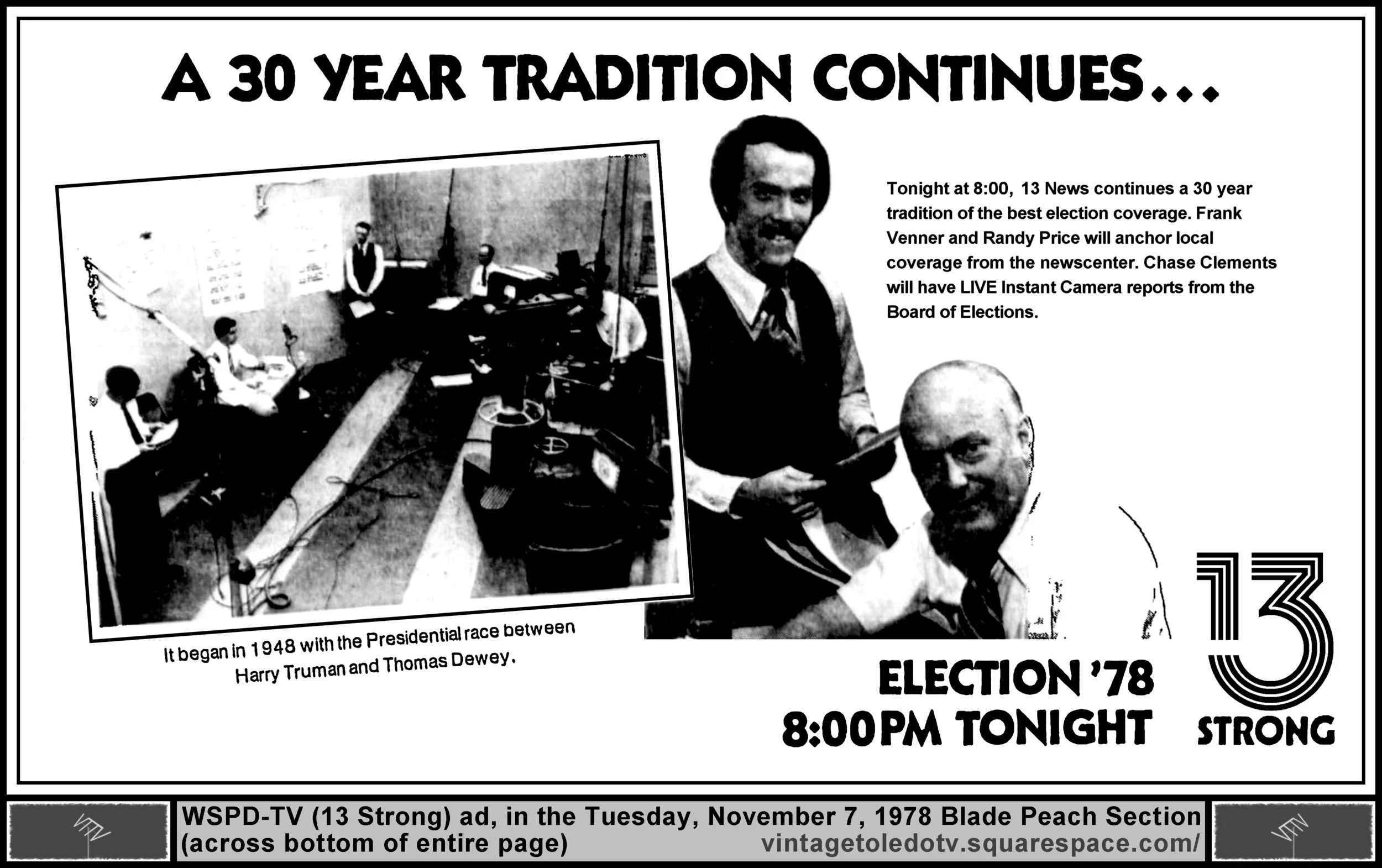 Election '78 with Frank Venner, Randy Price, & Chase Clements, on WSPD-TV 13 Strong (Tuesday, 11/7/78 ad, in The Blade Peach Section)