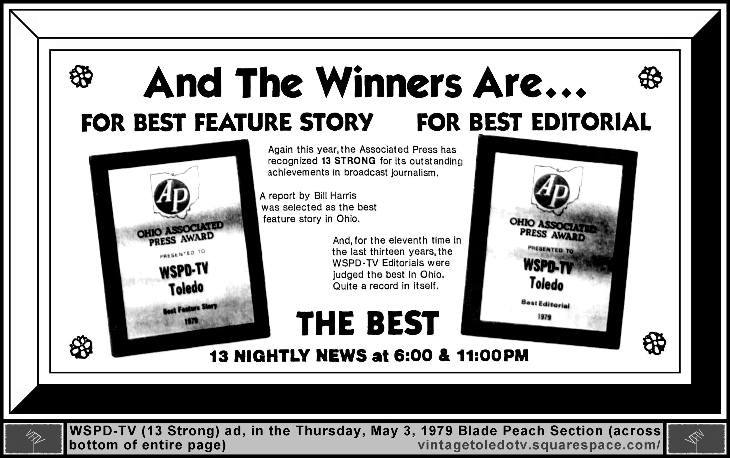 Ohio Associated Press Awards for 13 Nightly News, on WSPD-TV 13 Strong (Thursday, 5/3/79 ad, in The Blade Peach Section)