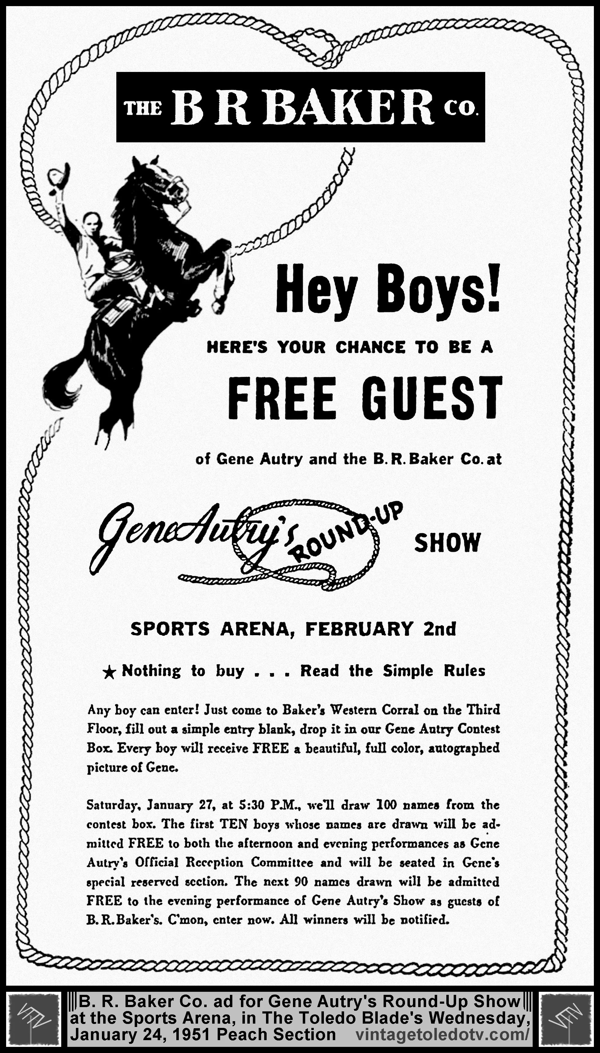 The B.R. Baker Co....Gene Autry's Round-up Show at Toledo's Sports Arena (Wednesday, 1/24/51 ad, in The Blade Peach Section)