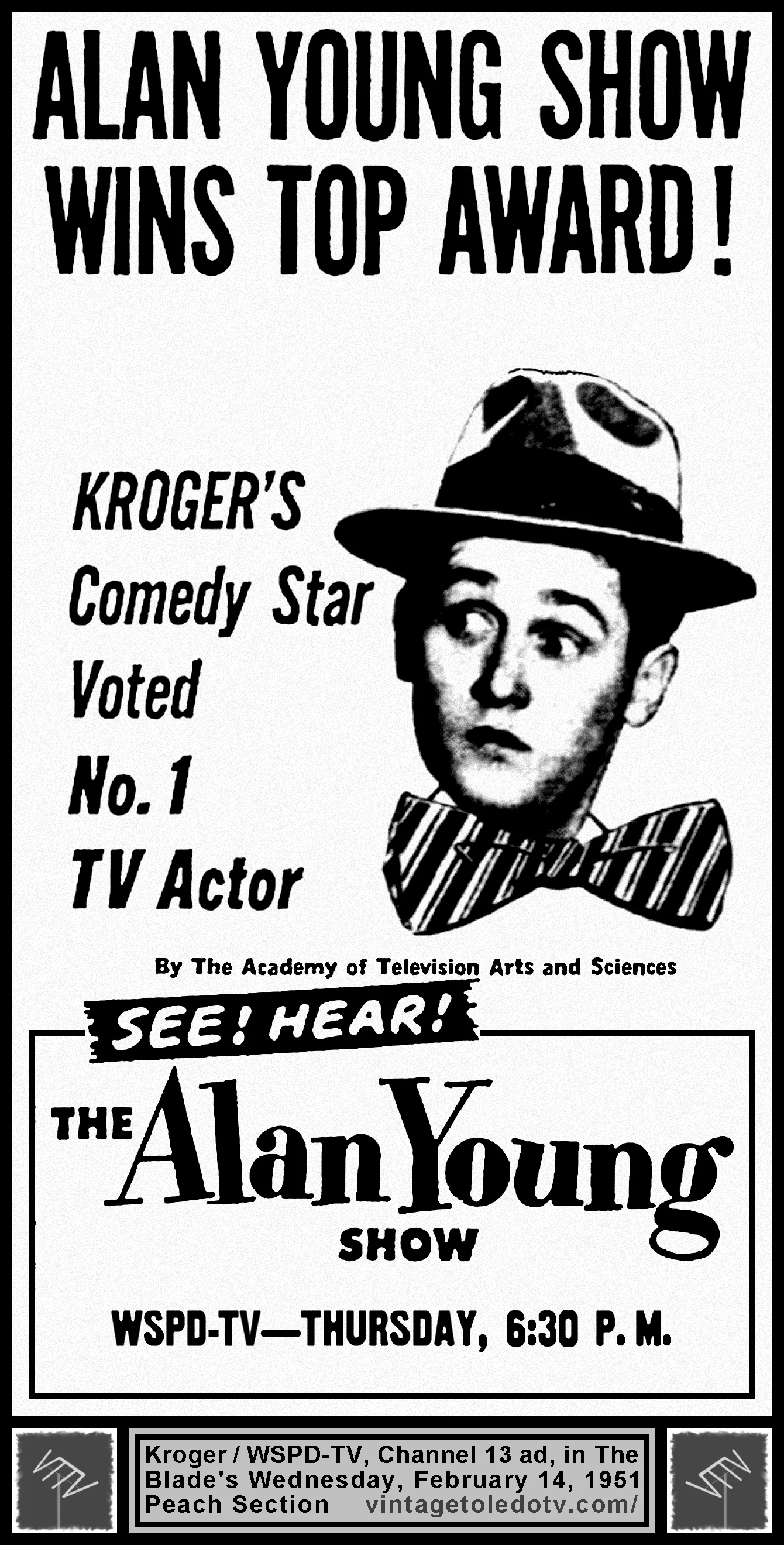 The Alan Young Show, on WSPD-TV, Channel 13 (Wednesday, 2/14/51 ad, in The Blade Peach Section
