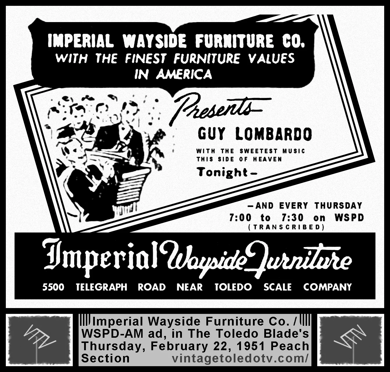 Guy Lombardo on WSPD-AM (Thursday, 2/22/51 ad, in The Blade Peach Section)