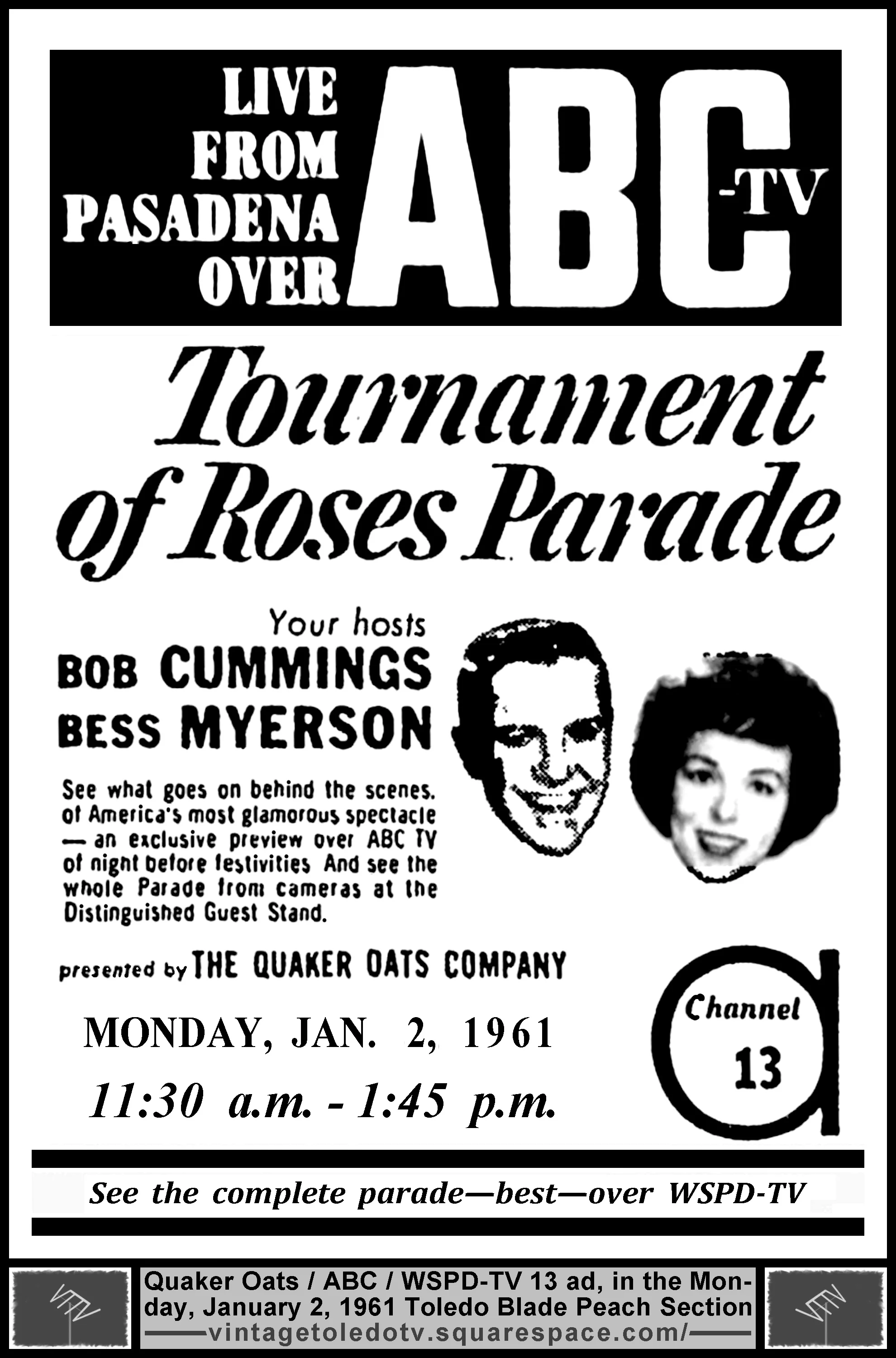 Tournament of Roses Parade on ABC / WSPD-TV, Channel 13 (Monday, 1/2/61 ad, in The Toledo Blade Peach Section)