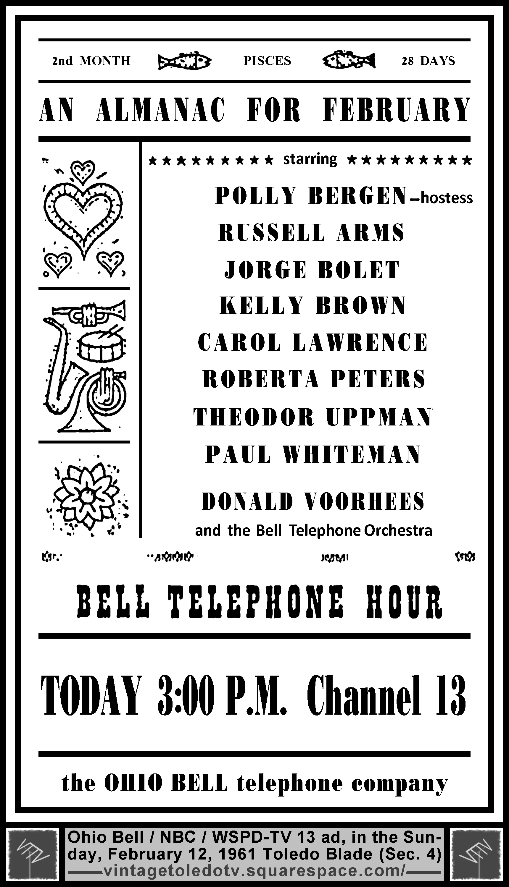 Bell Telephone Hour "An Almanac for February" on WSPD-TV, Channel 13 (Sunday, 2/12/61 ad, in The Toledo Blade)