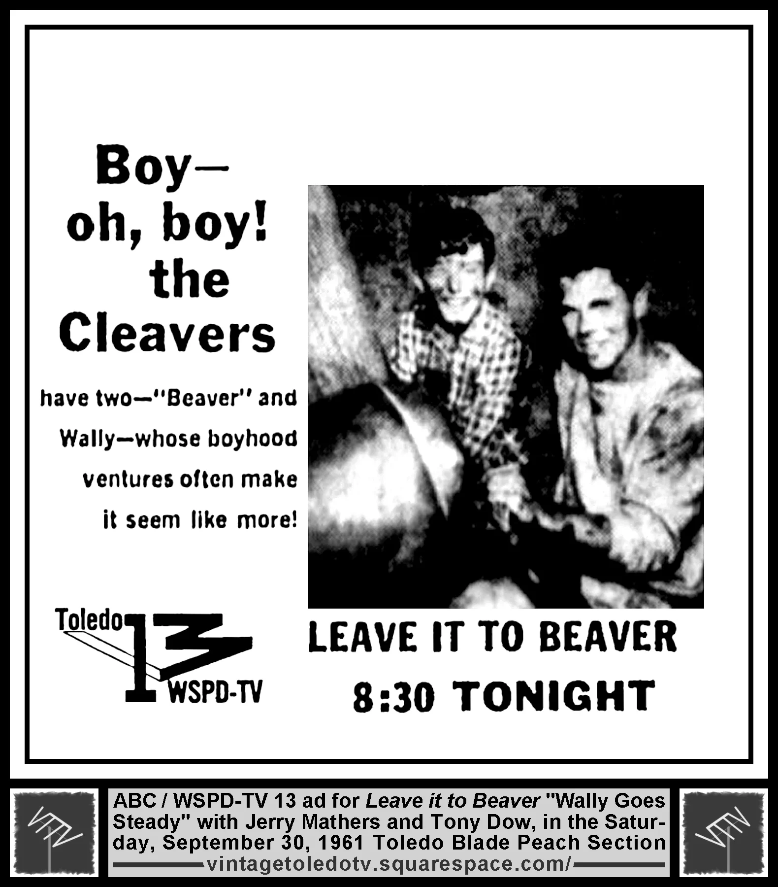 Leave it to Beaver, "Wally Goes Steady," on ABC / WSPD-TV 13 (Saturday, 9/30/61 ad, in The Blade Peach Section)