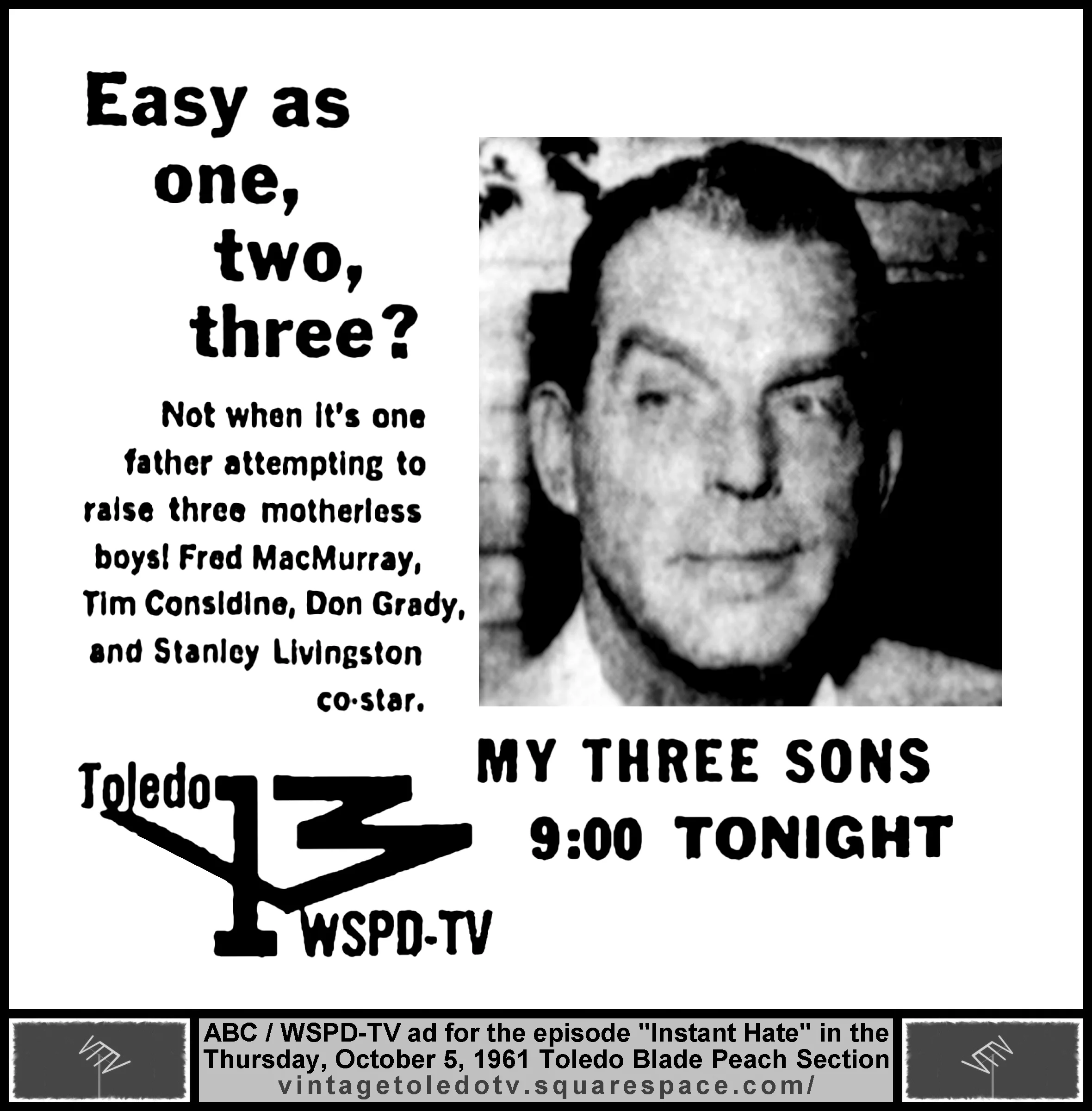 My Three Sons, "Instant Hate," on ABC / WSPD-TV 13 (Thursday, 10/5/61 ad, in The Blade Peach Section)