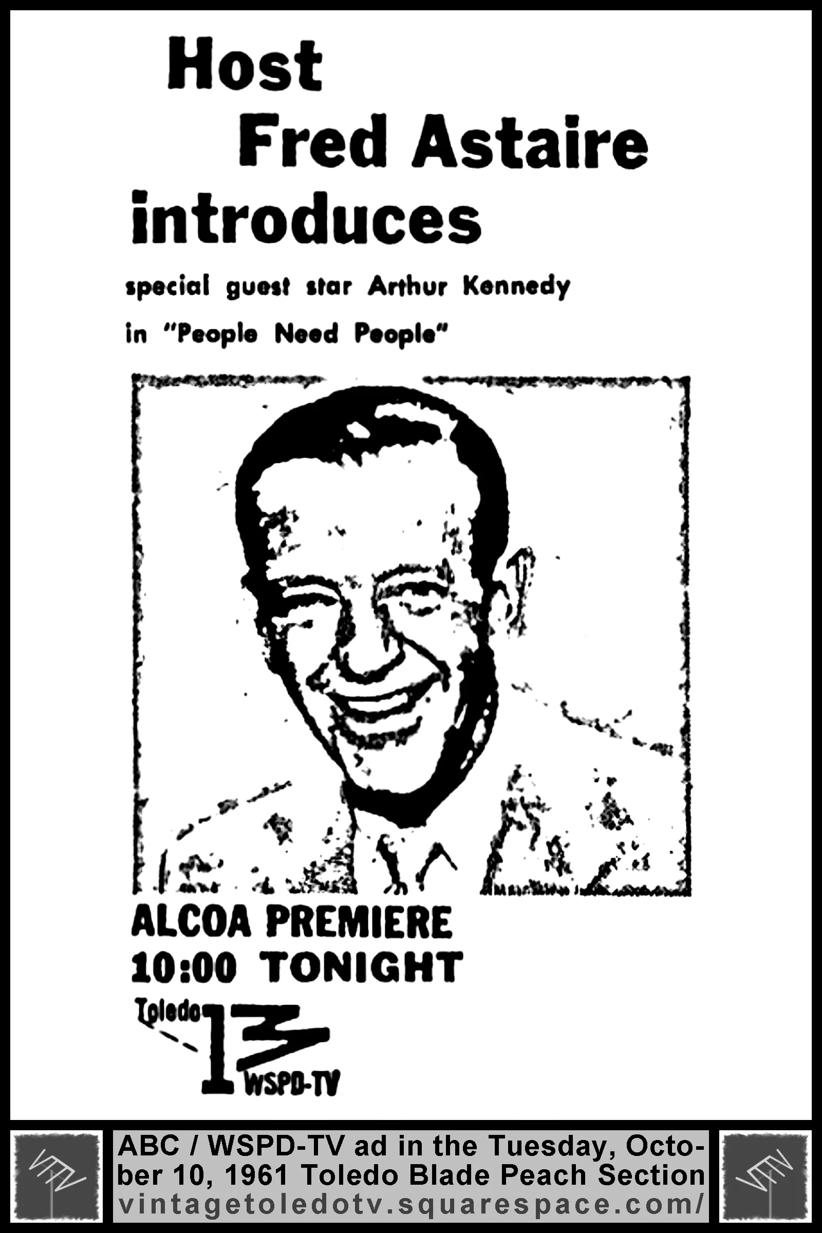 Alcoa Premiere, "People Need People," on ABC / WSPD-TV 13 (Tuesday, 10/10/61 ad, in The Blade Peach Section)