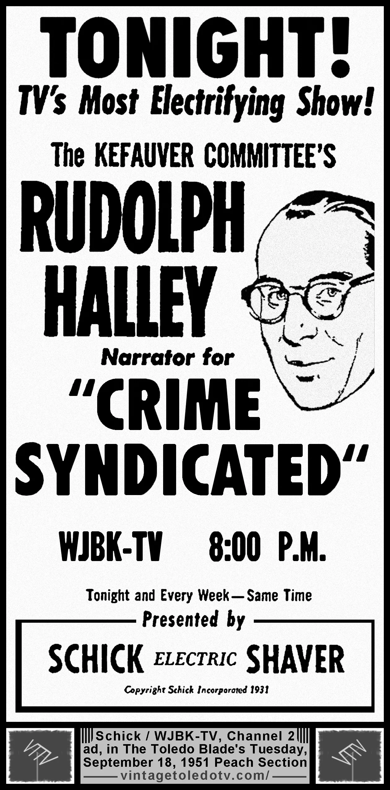 Crime Syndicated, on WJBK-TV 2 (Tuesday, 9/18/51 ad, in The Blade Peach Section)
