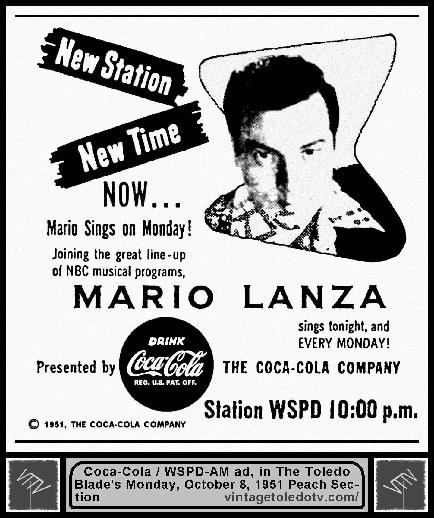 Mario Lanza on NBC / WSPD-AM (Monday, 10/8/51 ad, in The Blade Peach Section)