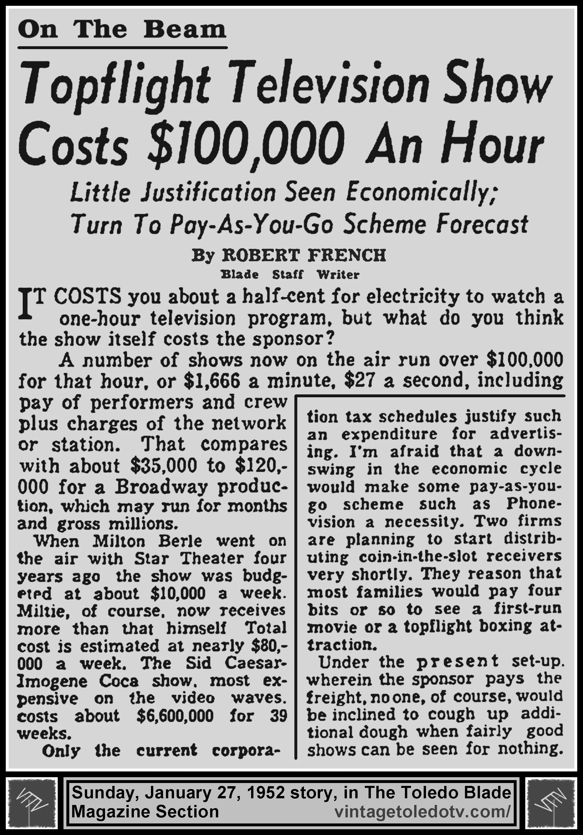 On The Beam: "Topflight Television Show Costs $1000,000 An Hour" by Robert French (Sunday, 1/27/52 story in The Blade Magazine Section)