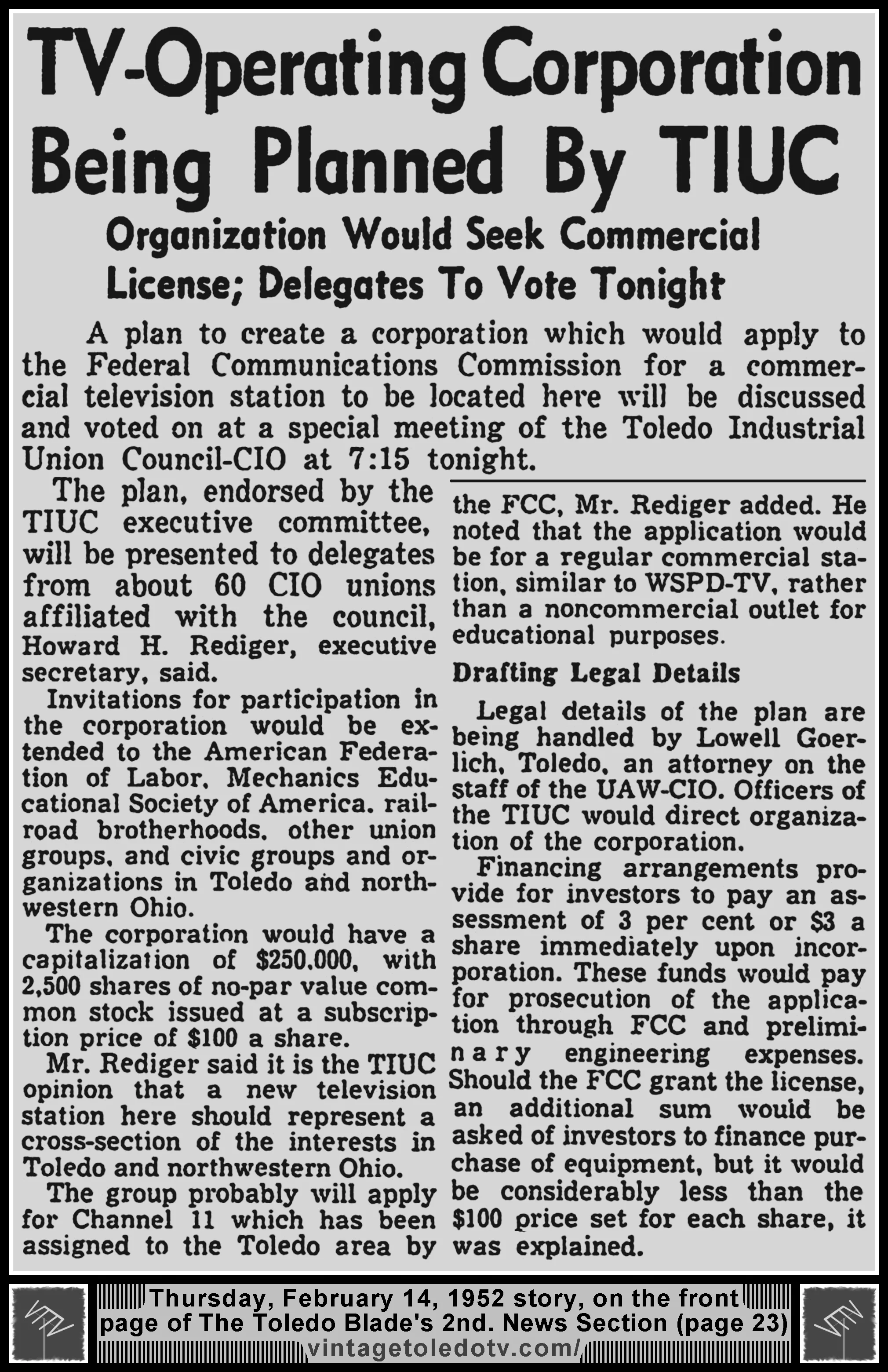 "TV-Operating Corporation Being Planned By TIUC" (Thursday, 2/14/52 story, on the front page of The Toledo Blade's 2nd News Section)