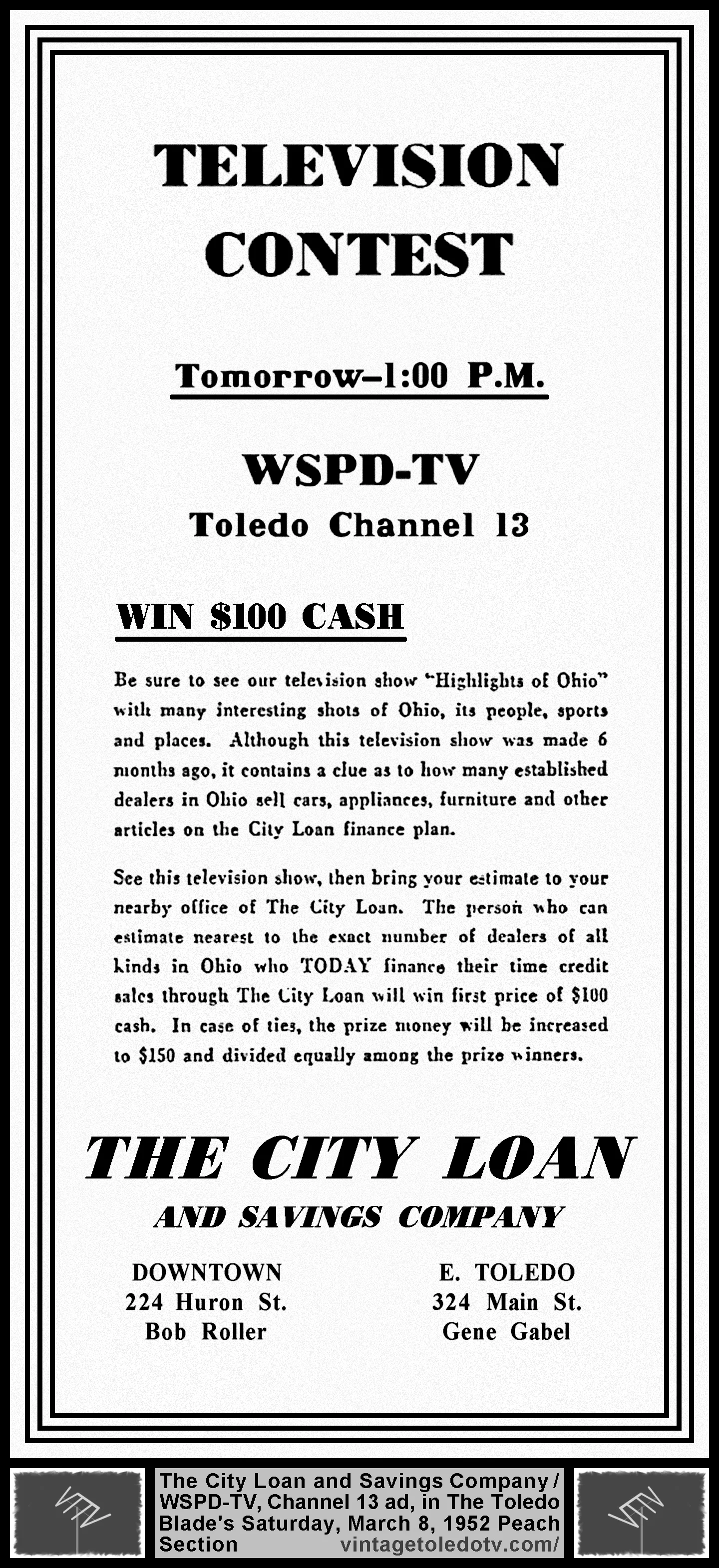 Television Contest on Highlights of Ohio, on WSPD-TV, Channel 13 (Saturday, 3/8/52 ad, in The Blade Peach Section)
