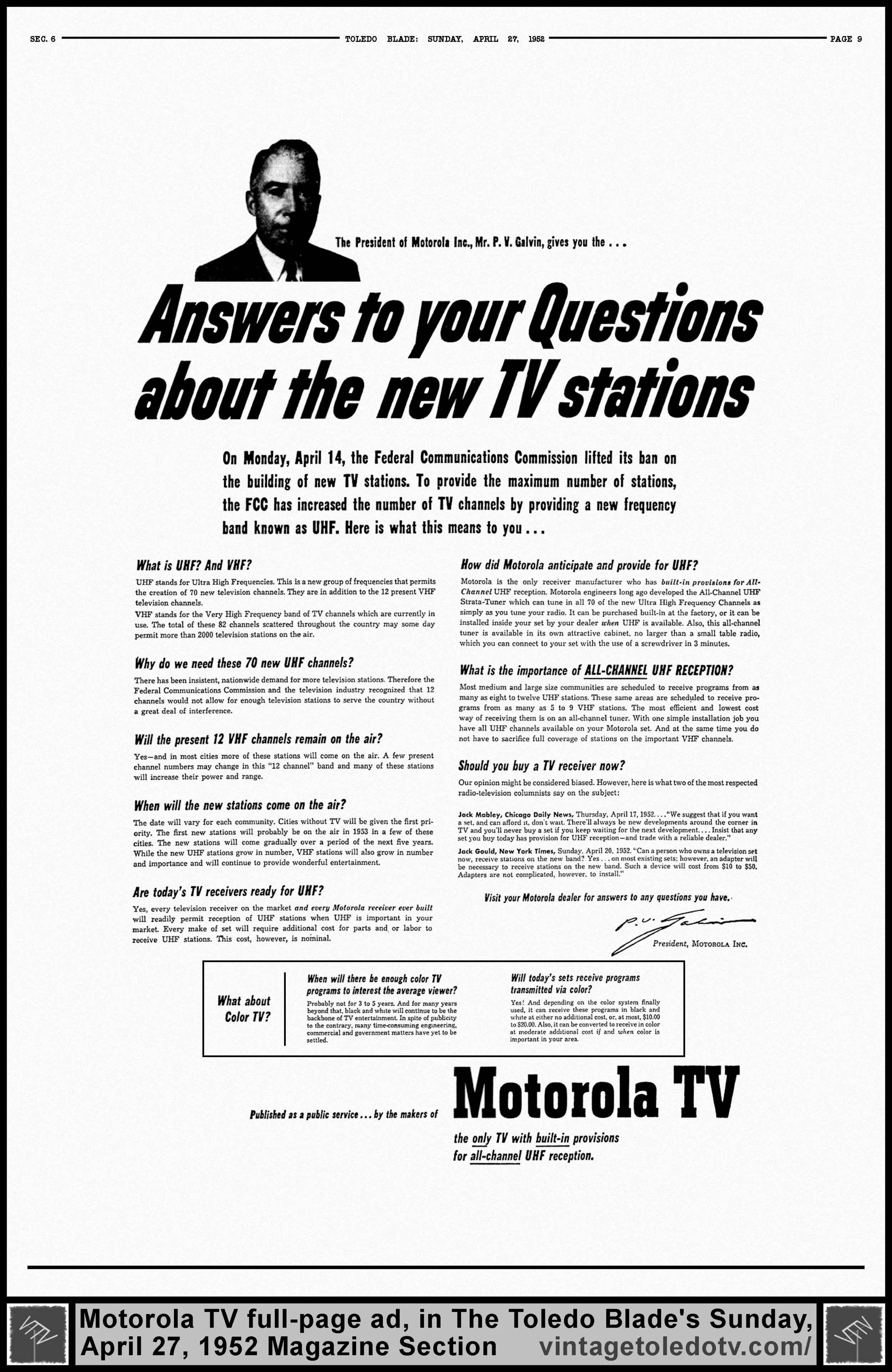 Answers to your Questions about the new (UHF) TV stations...Motorola TV (Sunday, 4/27/52 full-page ad in The Toledo Blade Magazine Section)