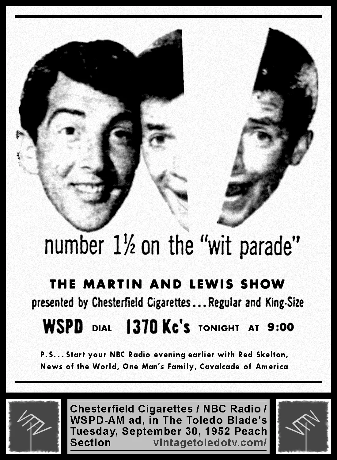 The Martin and Lewis Show on NBC Radio / WSPD-AM (Tuesday, 9/30/52 ad, in The Blade Peach Section)