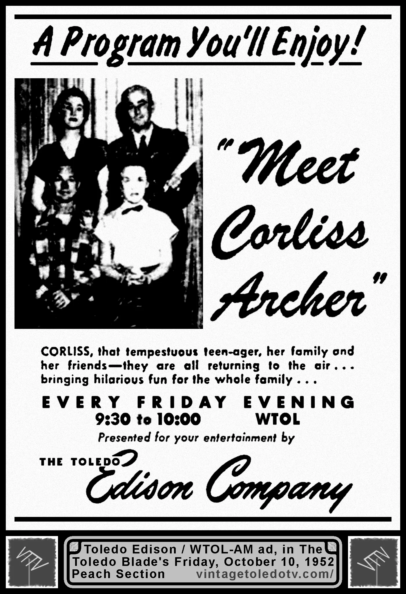 Meet Corliss Archer on WTOL-AM (Friday, 10/10/52 ad, in The Blade Peach Section)