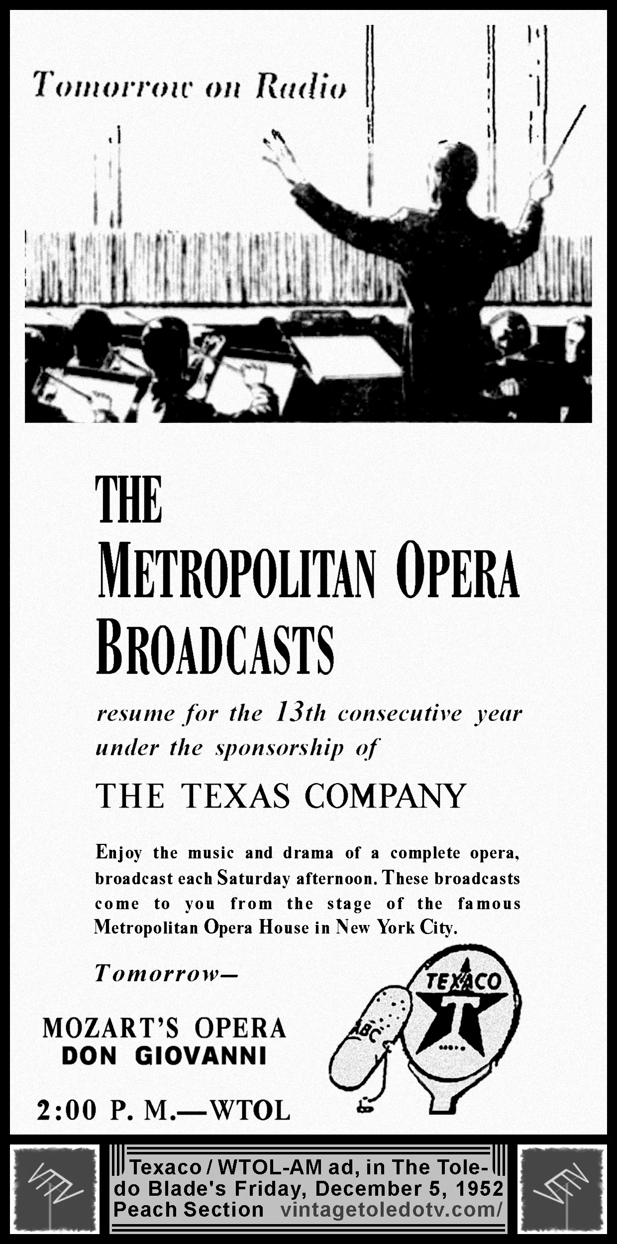 "Don Giovanni" on The Metropolitan Opera Broadcasts, on WTOL-AM (Friday, 12/5/52 ad, in The Blade Peach Section)