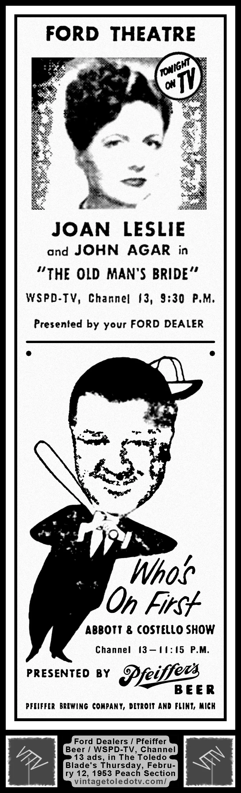 Two ads, for shows on WSPD-TV, Channel 13 (Thursday, 2/12/53 ad, in The Blade Peach Section)