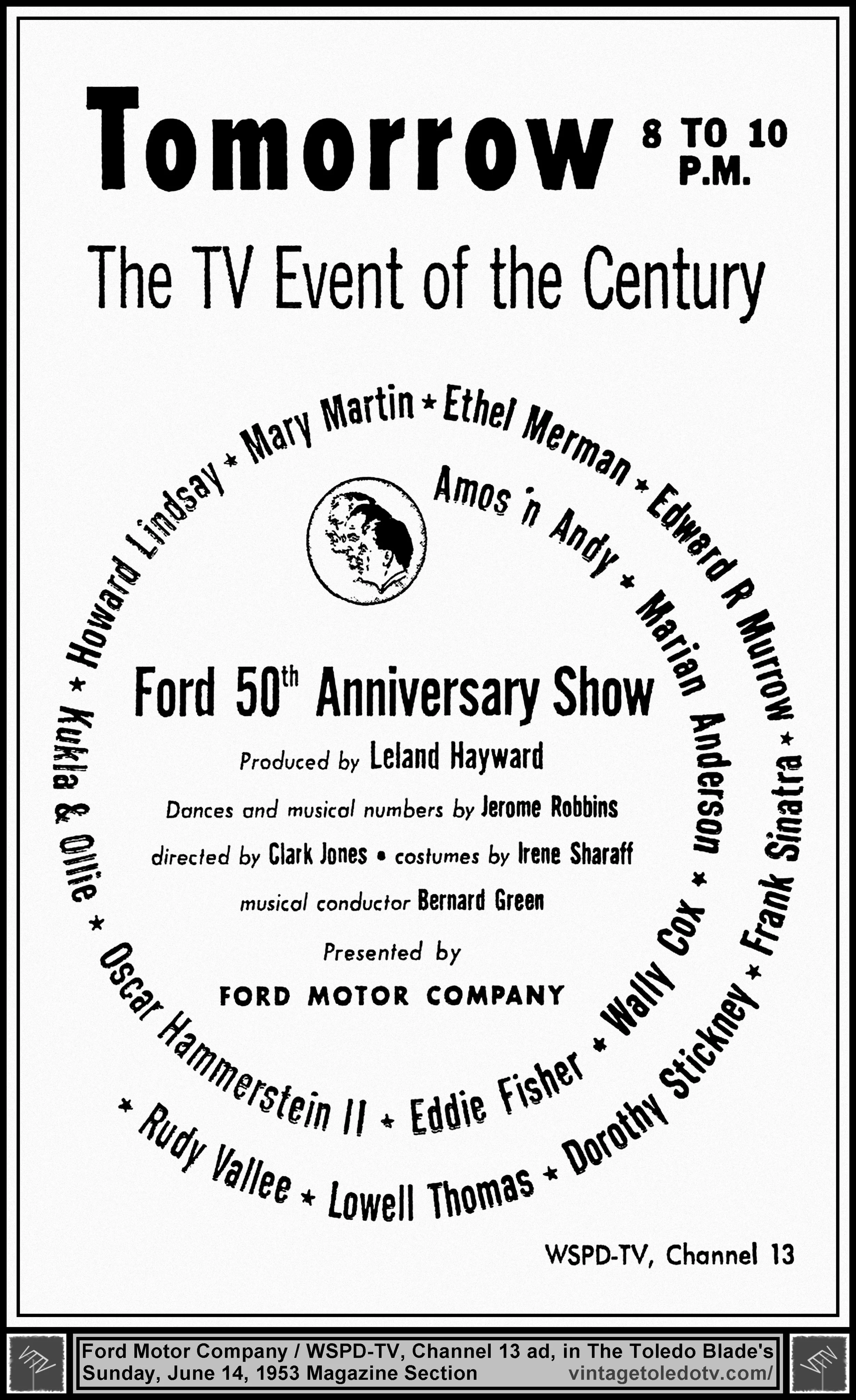Ford 50th Anniversary Show, on WSPD-TV, Channel 13 (Sunday, 6/14/53 ad, in The Blade Magazine Section)