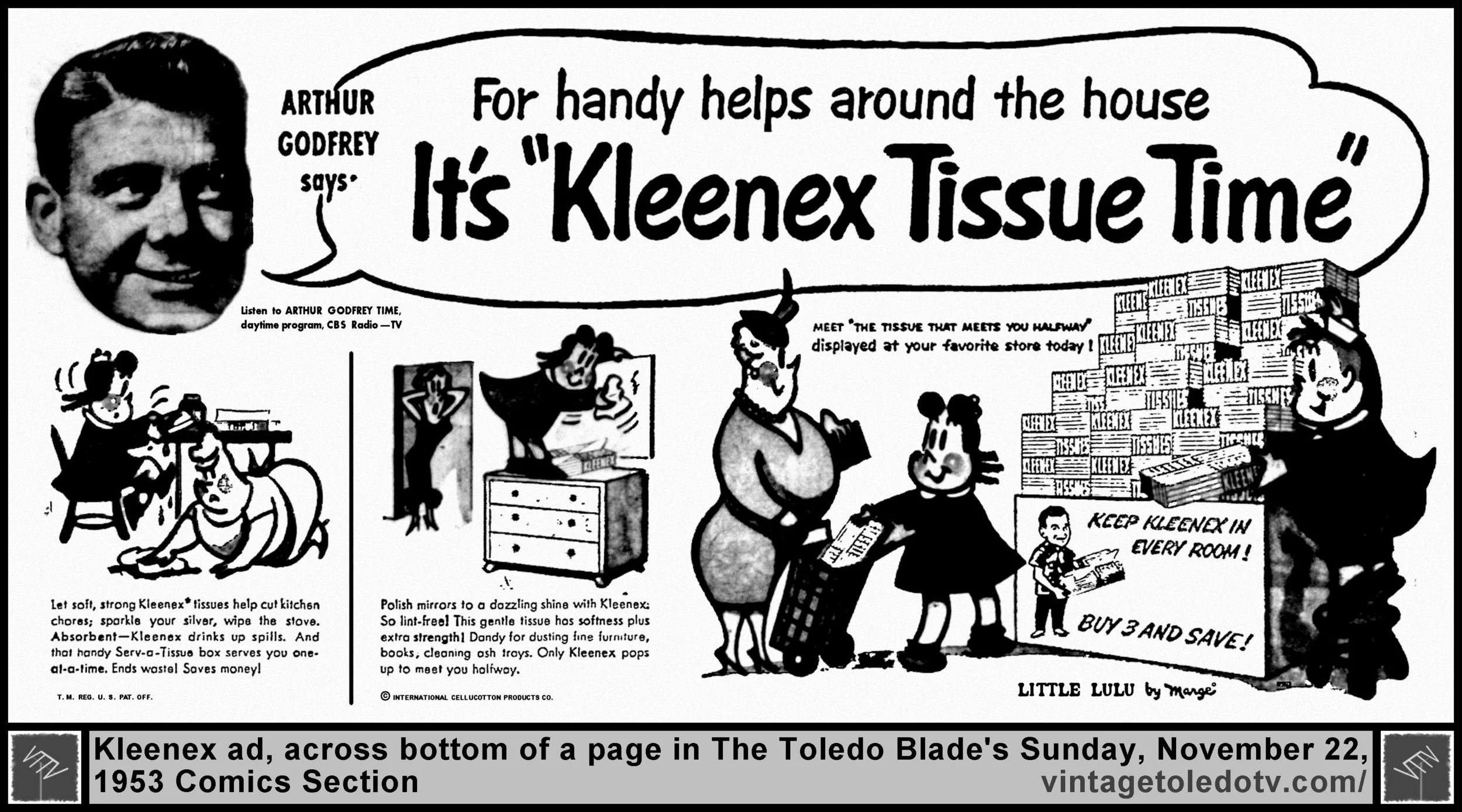 Arthur Godfrey says, "It's Kleenex Tissue Time" (Sunday, 11/22/53 ad, in The Blade Comics Section)