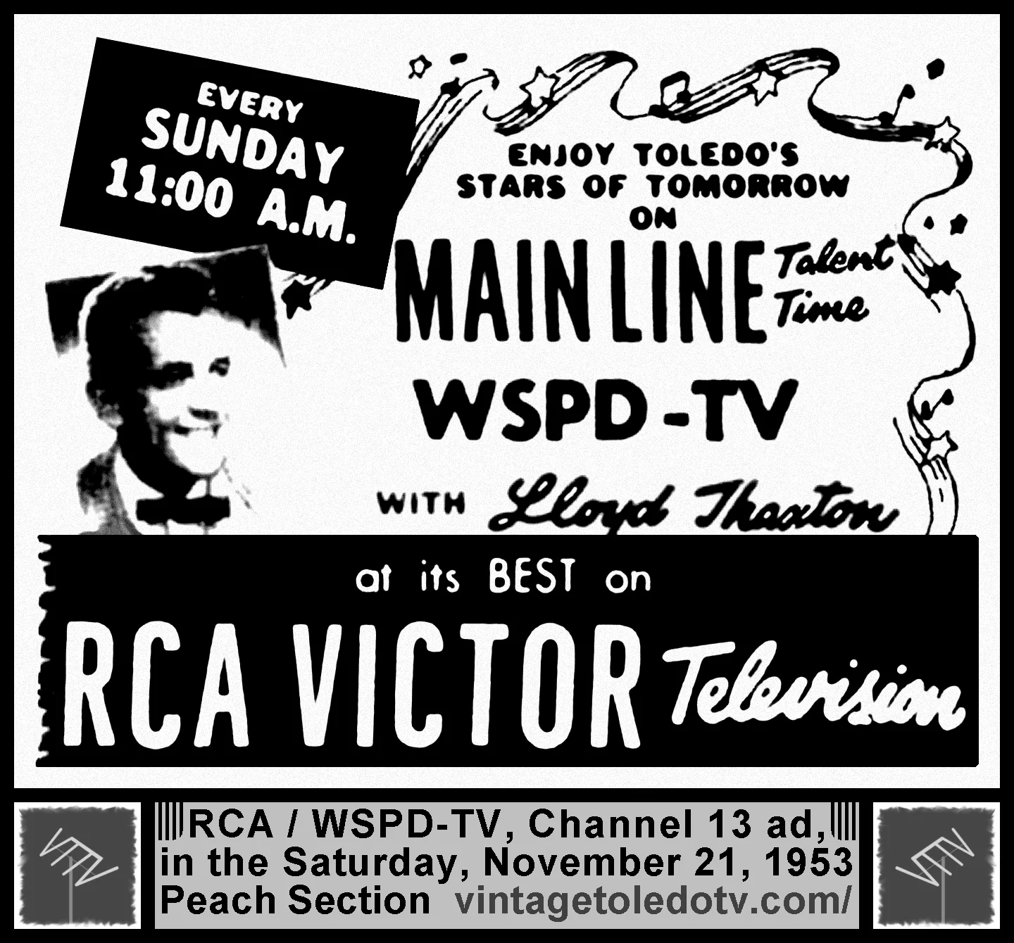Main Line Talent Time with Lloyd Thaxton, on WSPD-TV, Channel 13 (Saturday, 11/21/53 ad, in The Blade Peach Section)
