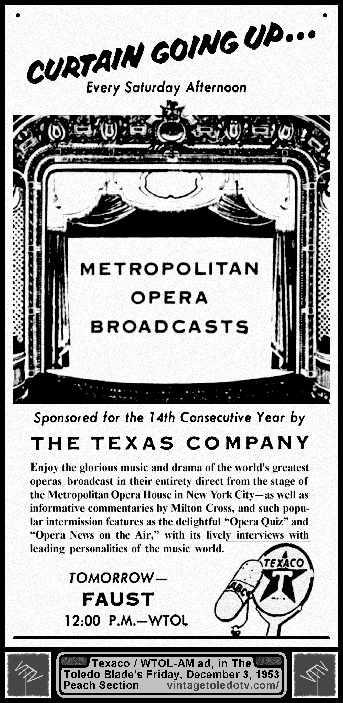 Metropolitan Opera Broadcasts..."Faust" on WTOL-AM (Friday, 12/3/53 ad, in The Blade Peach Section)