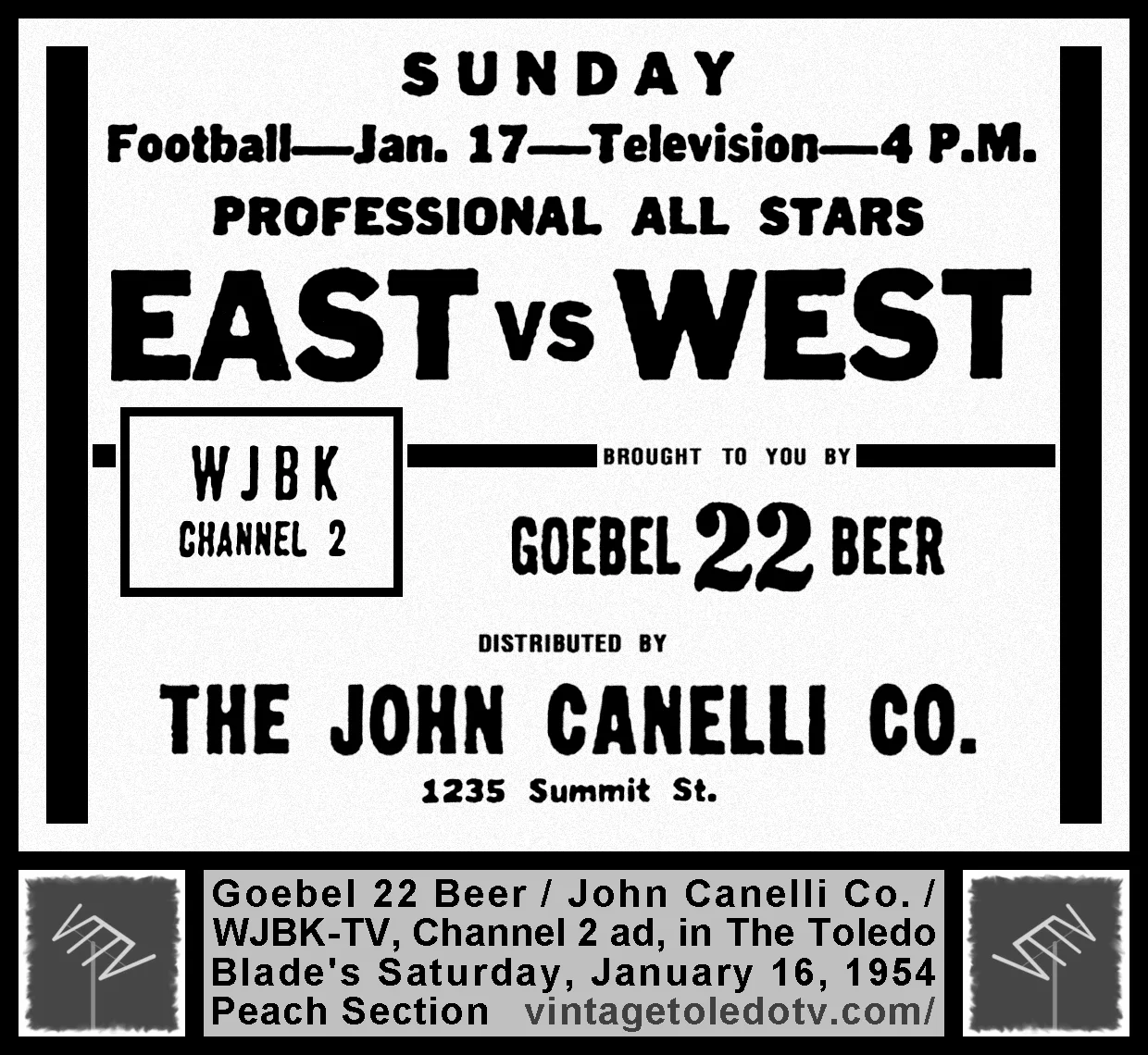 East vs West NFL Game, on WJBK-TV, Channel 2 (Saturday, 1/16/54 ad, in The Blade Peach Section)
