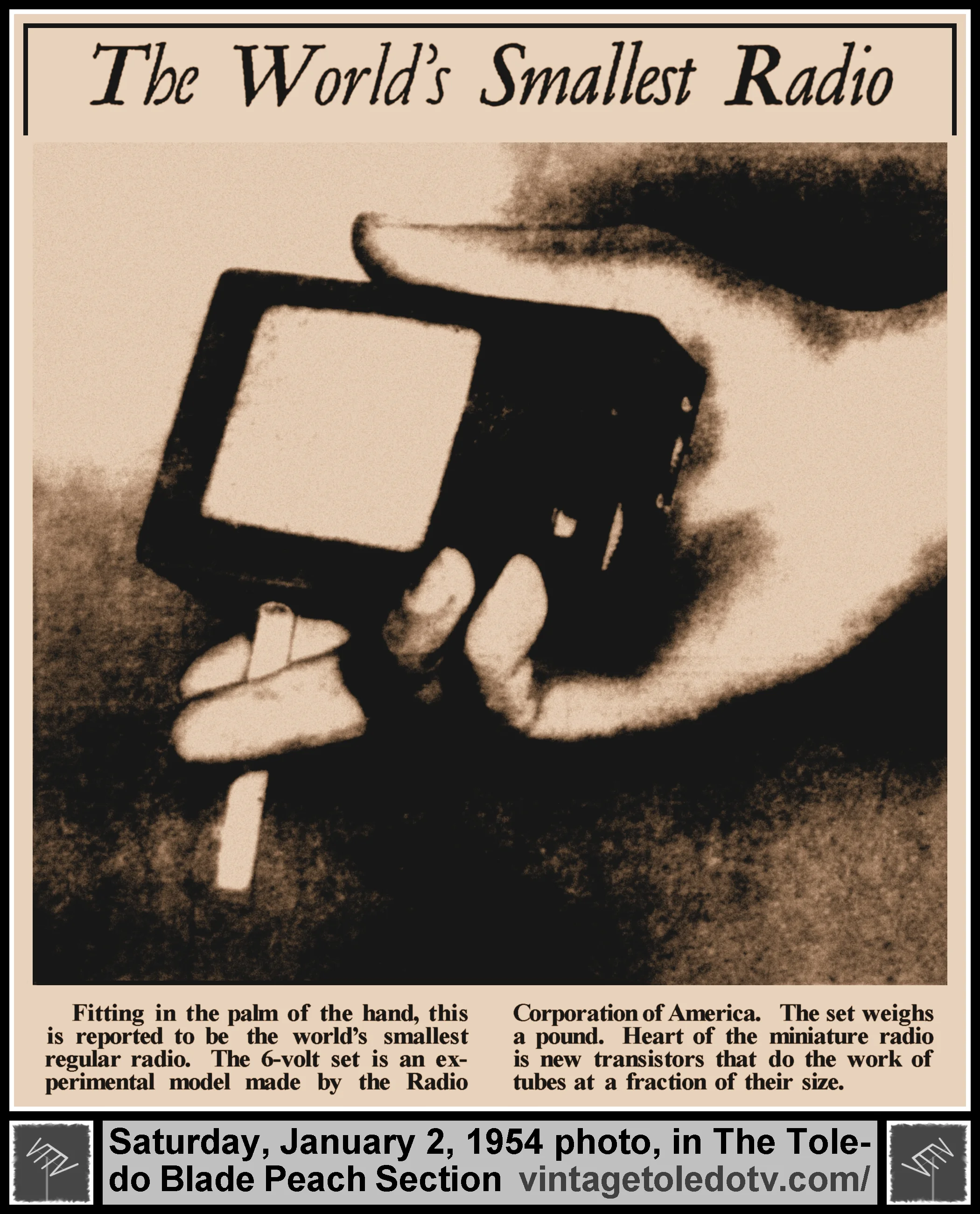 "The World's Smallest Radio" (Picture in The Blade's Saturday, 1/2/54 Peach Section)
