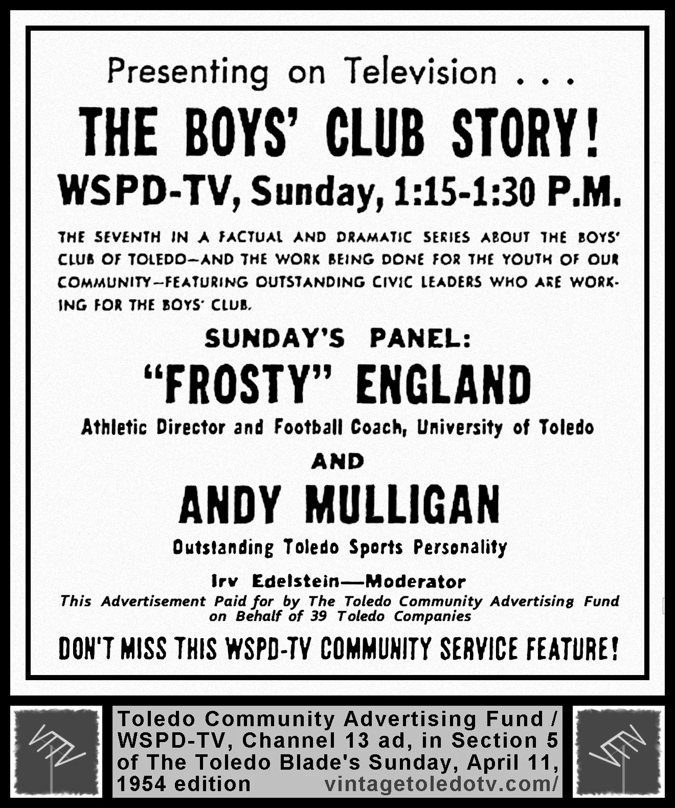 The Boys' Club Story! on WSPD-TV, Channel 13 (Sunday, 4/11/54 ad, in The Blade Peach Section)