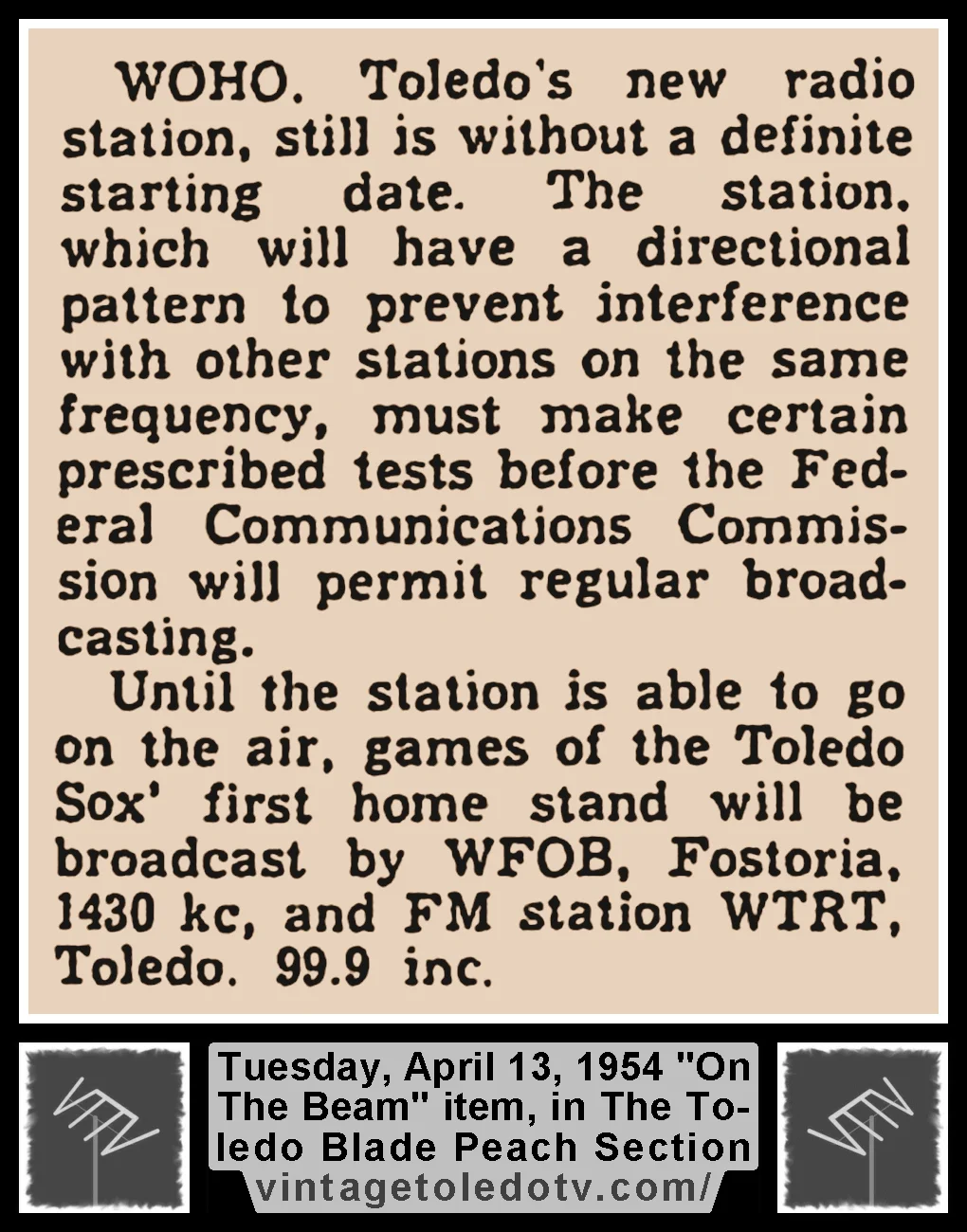 Tuesday, 4/13/54 :On The Beam" item, in The Toledo Blade Peach Section