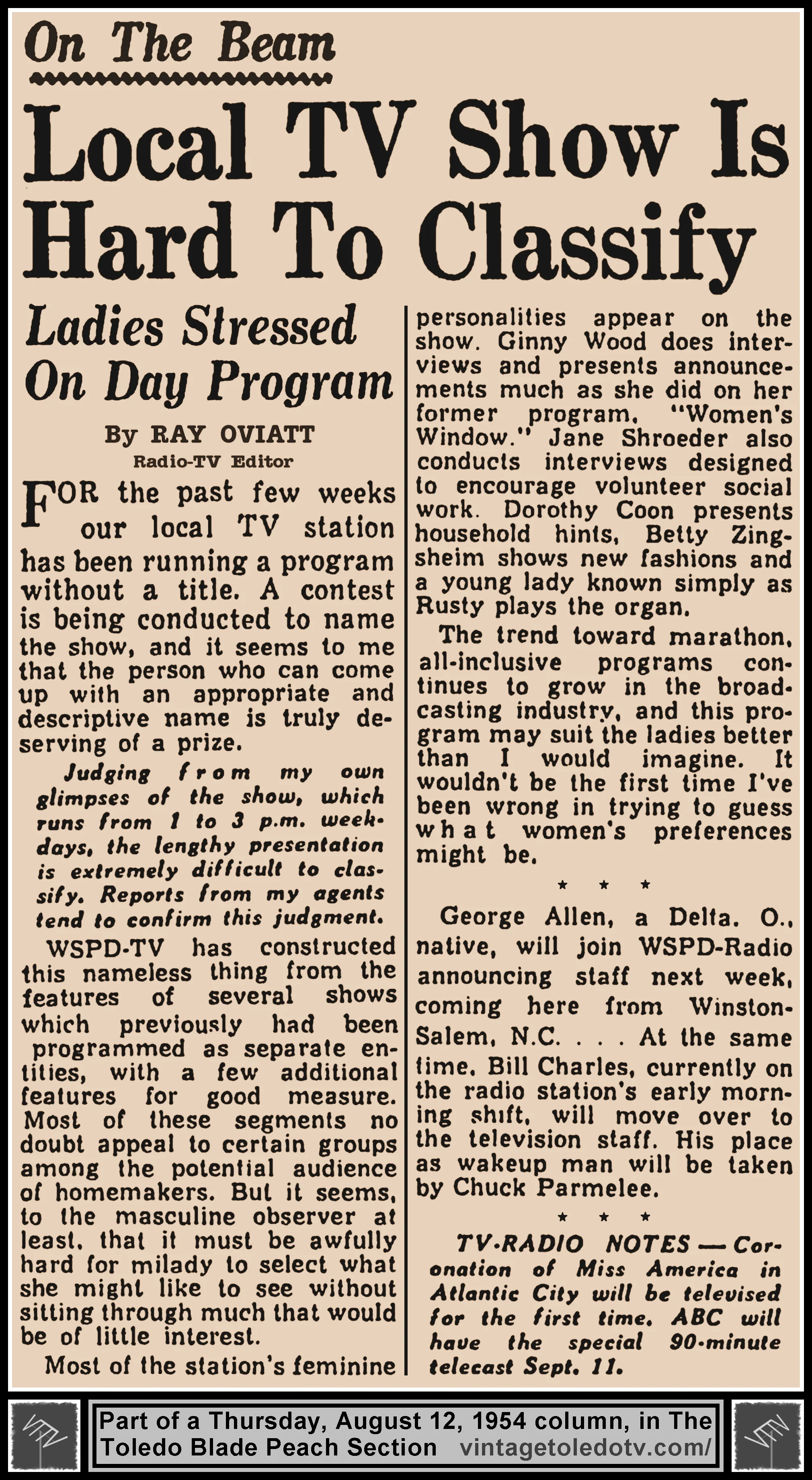 On The Beam, "Local TV Show Is Hard To Classify" by Ray Oviatt, in The Blade's Thursday, 8/12/54 Peach Section
