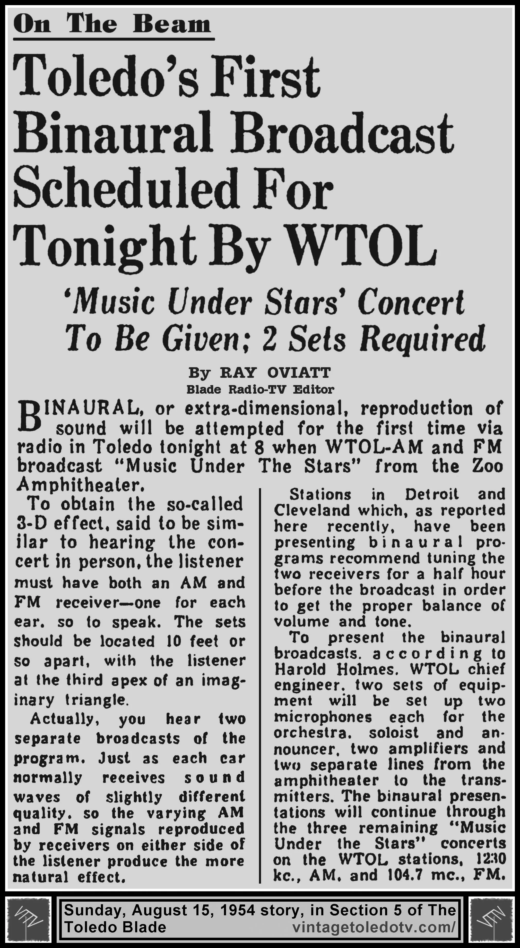 On The Beam, "Toledo's First Binaural Broadcast Scheduled For Tonight By WTOL" in Section 5 of The Blade's Sunday, 8/15/54 edition
