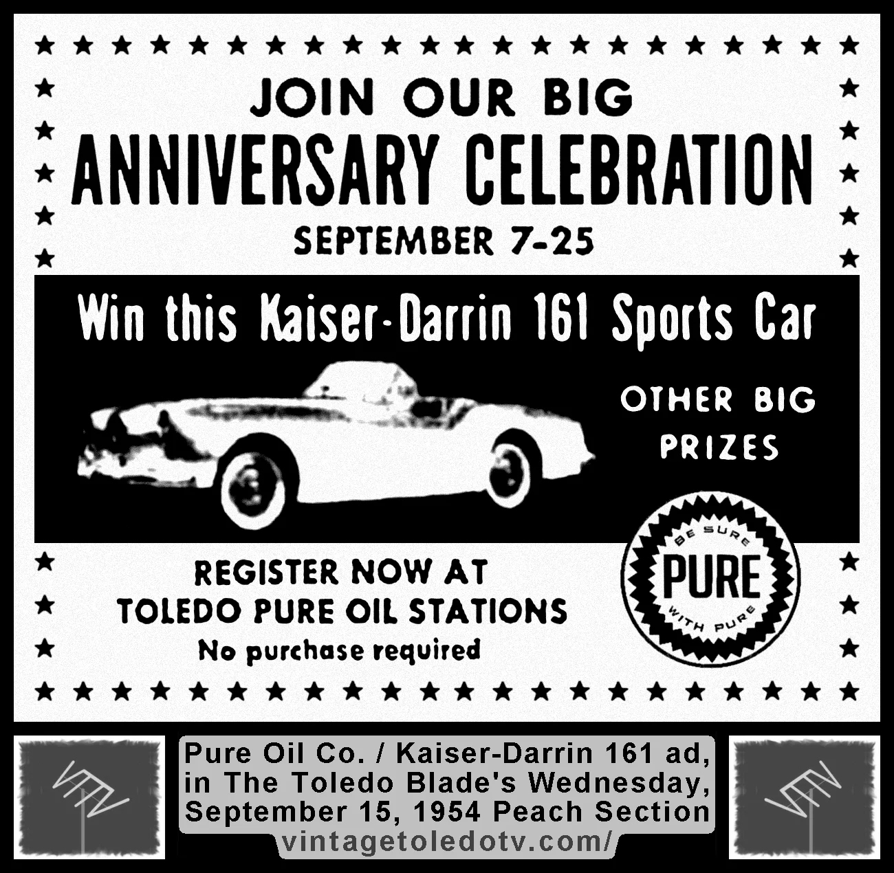 Anniversary Celebration...Kaiser-Darrin 161...Pure Oil Stations (Wednesday, 9/15/54 ad, in The Toledo Blade Peach Section)