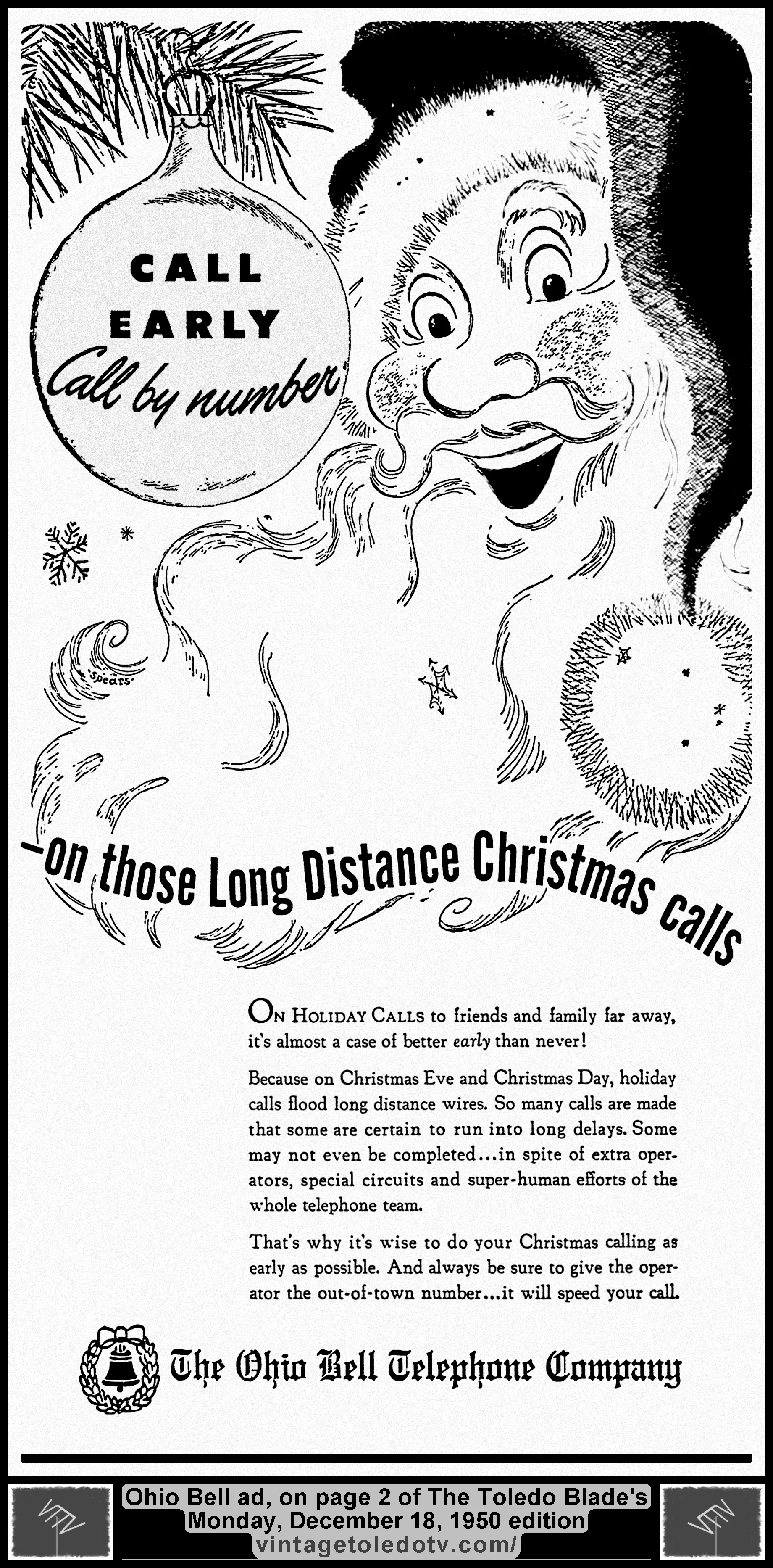 Call Early. Call by Number...Long Distance Christmas Calls...Ohio Bell Telephone Co. (Monday, 12/18/50 ad, in The Blade)