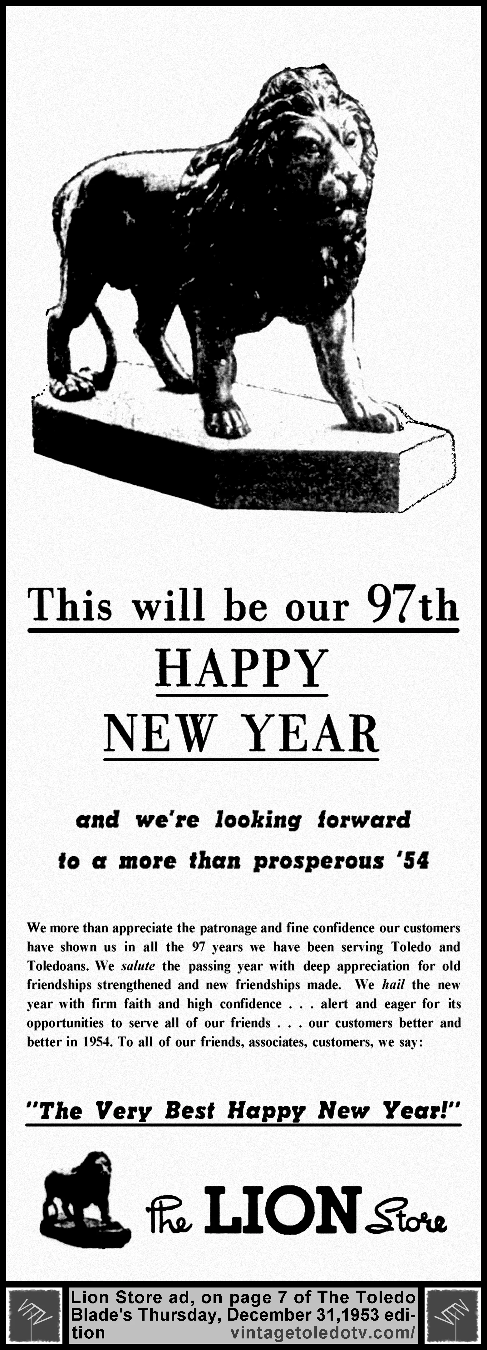 ...97th Happy New Year...The Lion Store (Thursday, 12/31/53 ad, in The Toledo Blade)