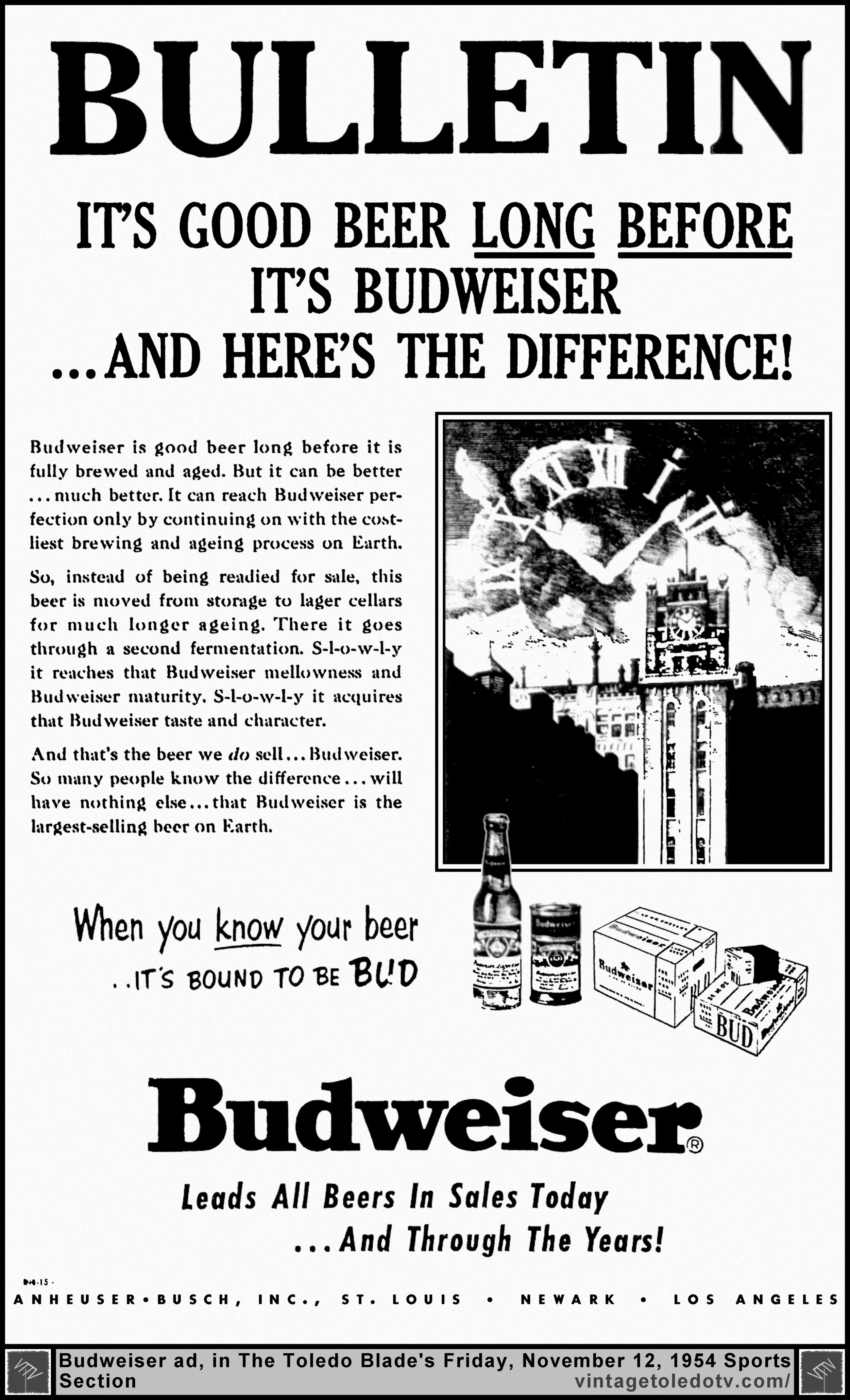 Bulletin...Budweiser (Friday, 11/12/54 ad, in The Blade Sports Section)