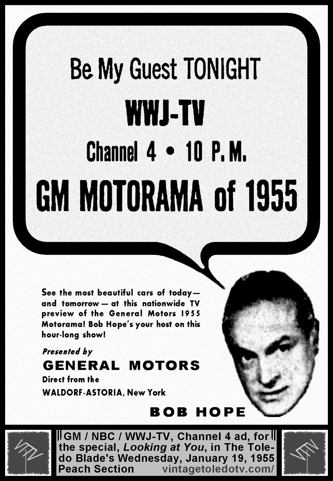 Looking at You - GM Motorama of 1955, on WWJ-TV, Channel 4 (Wednesday, 1/19/55 ad, in The Toledo Blade Peach Section)