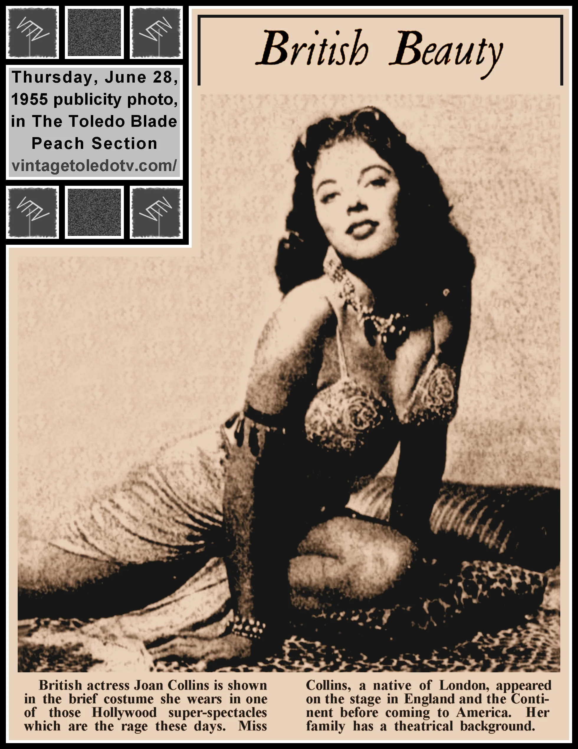 "British Beauty" Joan Collins publicity picture, in The Toledo Blade's Thursday, 6/28/55 Peach Section)