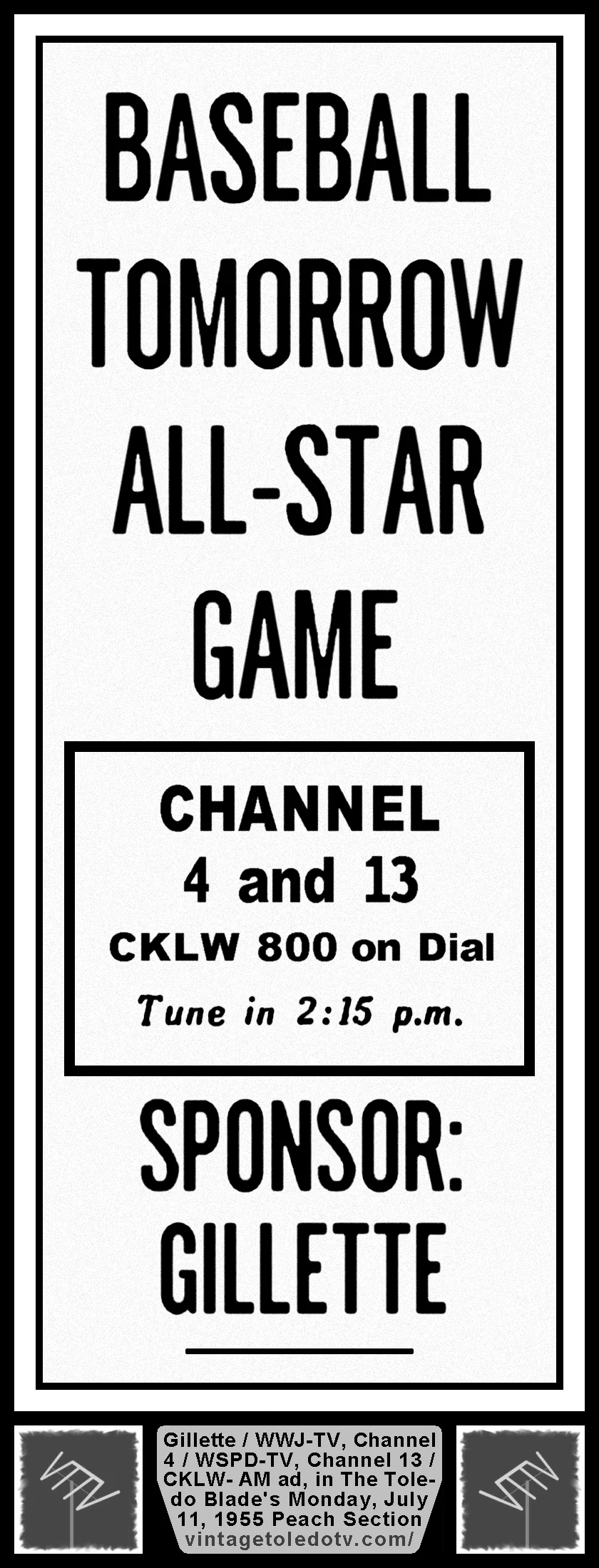 MLB All-Star Game, on WSPD-TV, Channel 13 (Monday, 7/11/55 ad, in The Blade Peach section)