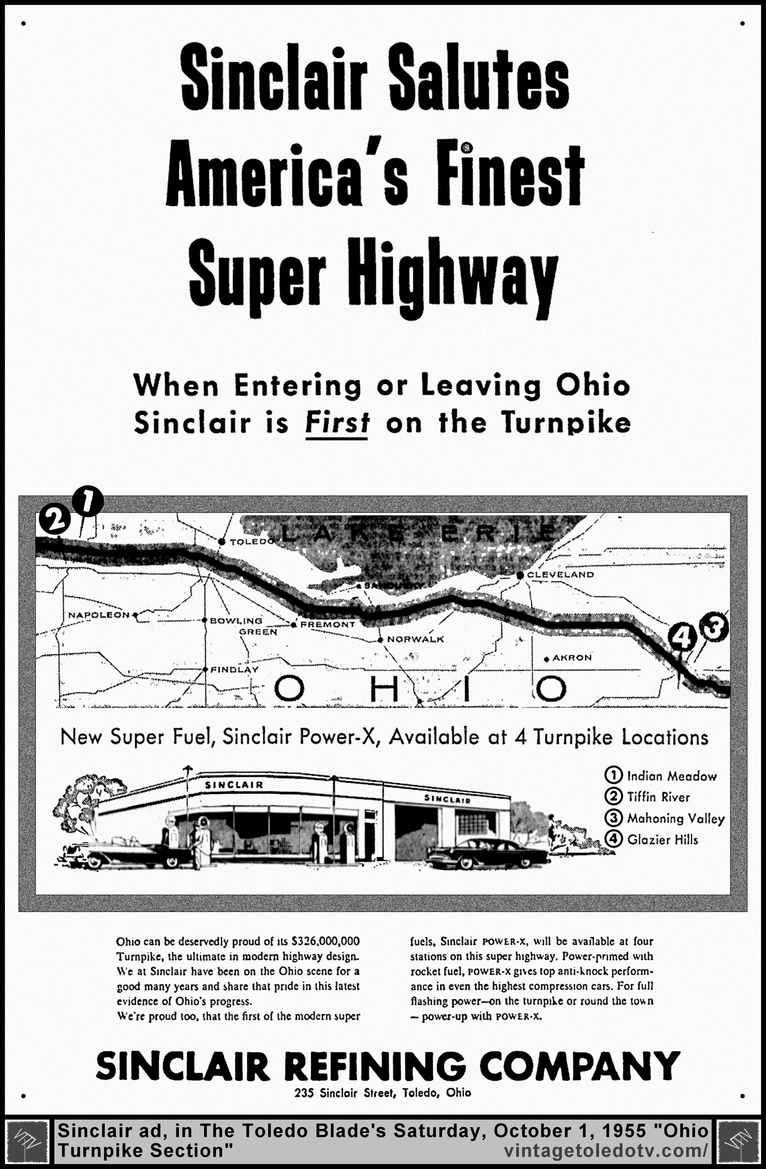 Sinclair Salutes America's Finest Super Highway...(Saturday, 10/1/55 ad, in The Toledo Blade's Ohio Turnpike Section)