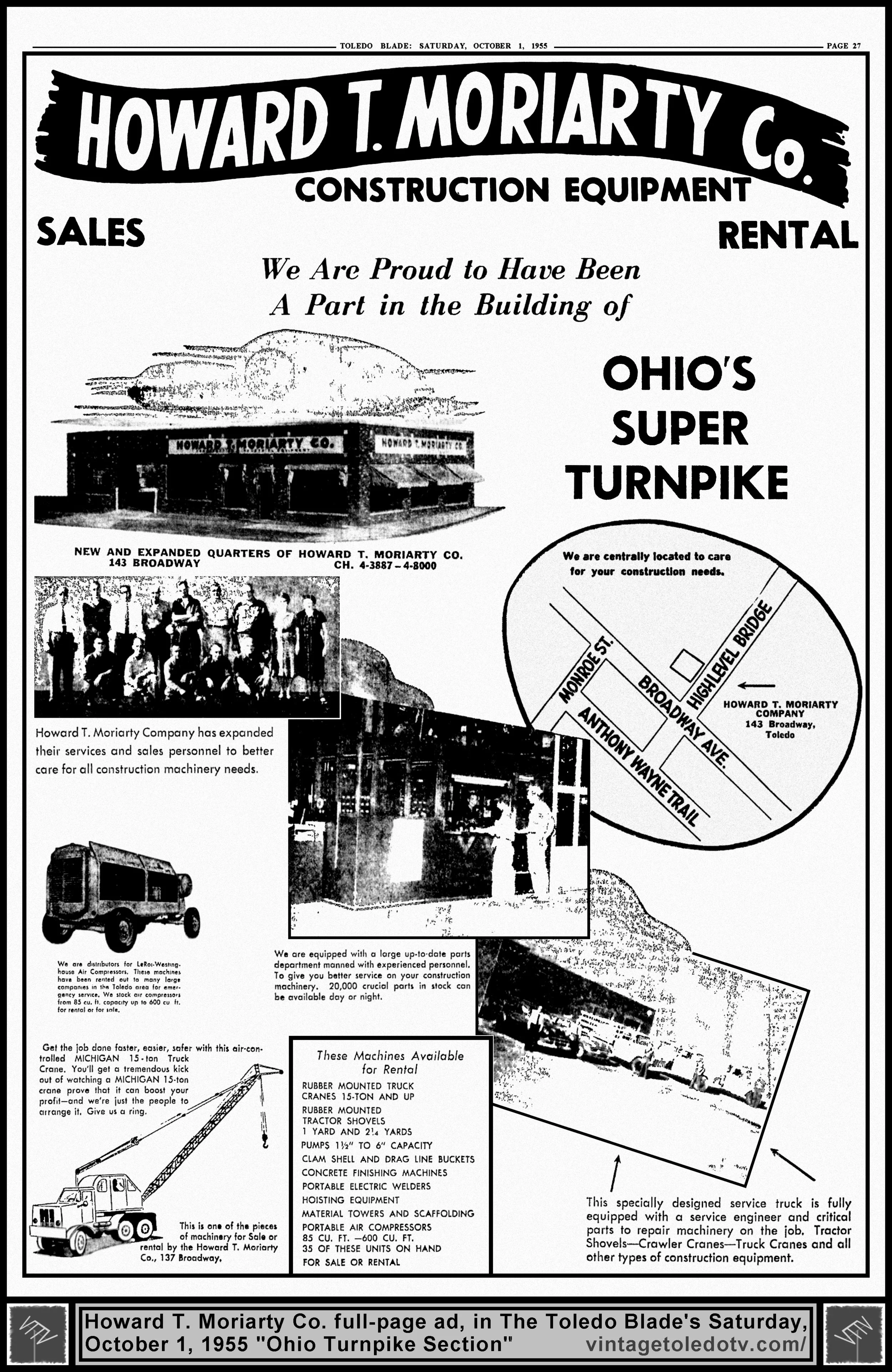 Howard T. Moriarty Co...Ohio's Super Turnpike (Saturday, 10/1/55 full-page ad, in The Toledo Blade's Ohio Turnpike Section)
